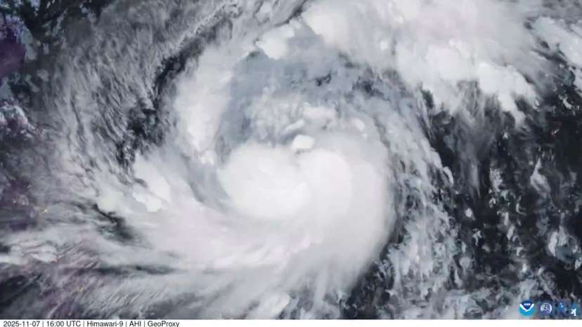 A satellite image shows Storm Fung-Wong, which has intensified into a typhoon
