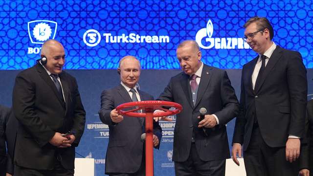 From L: Bulgarian Prime Minister Boyko Borisov, Russian President Vladimir Putin, Turkish President Recep Tayyip Erdogan and Serbian President Aleksandar Vucic attend an inauguration ceremony of a new gas pipeline "TurkStream" on January 8, 2020 in Istanbul. Turkish President Recep Tayyip Erdogan is hosting Russian counterpart Vladimir Putin to inaugurate a new gas pipeline, with tensions in Libya and Syria also on the agenda.The TurkStream project, which was temporarily halted during a frosty patch in Russia-Turkey relations, includes two parallel pipelines of more than 900 kilometres (550 miles). (Photo by Alexey DRUZHININ / SPUTNIK / AFP)