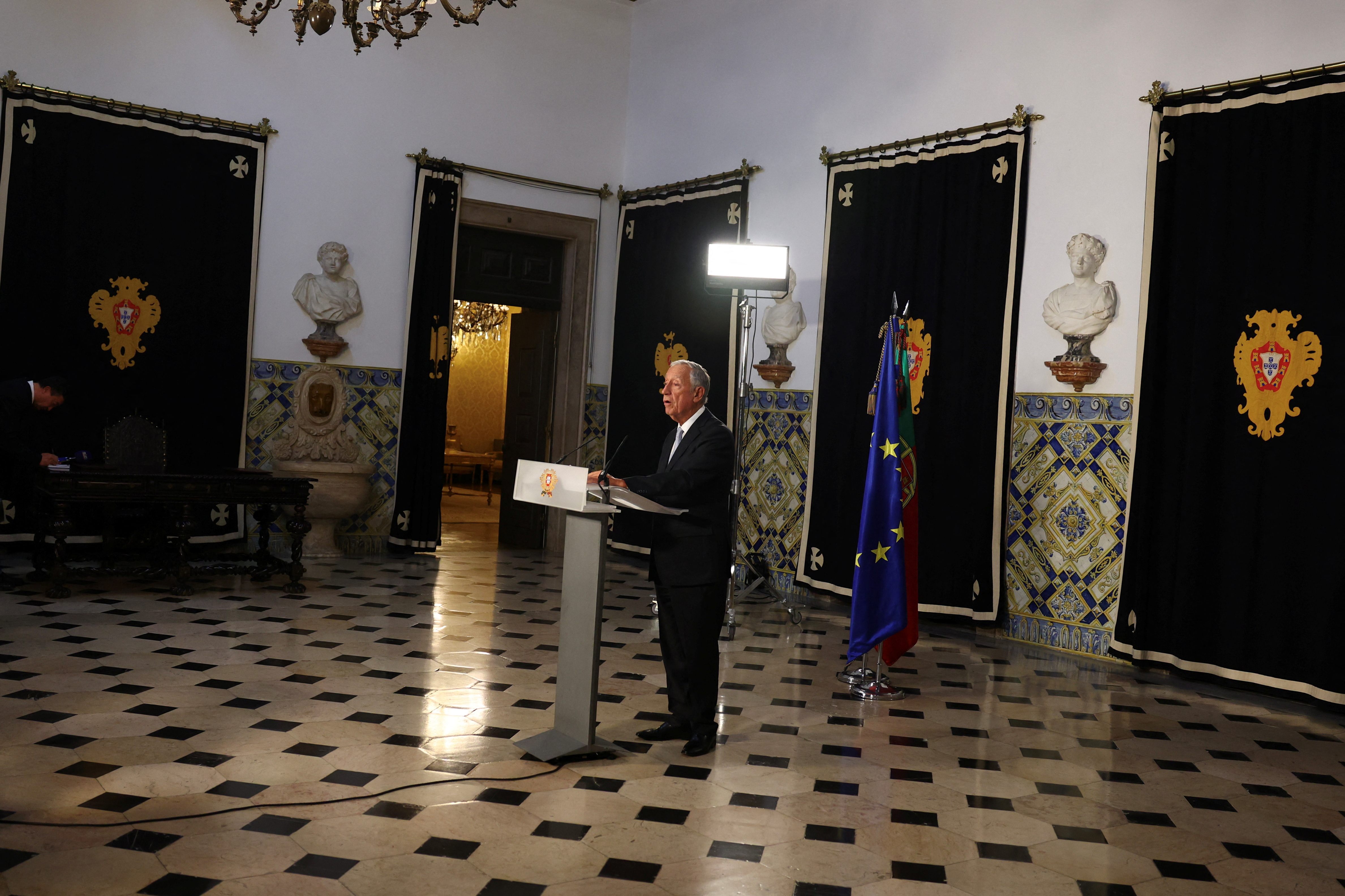 Portugal's President de Sousa addresses the nation from Belem Palace to announce his decision to dissolve parliament, in Lisbon