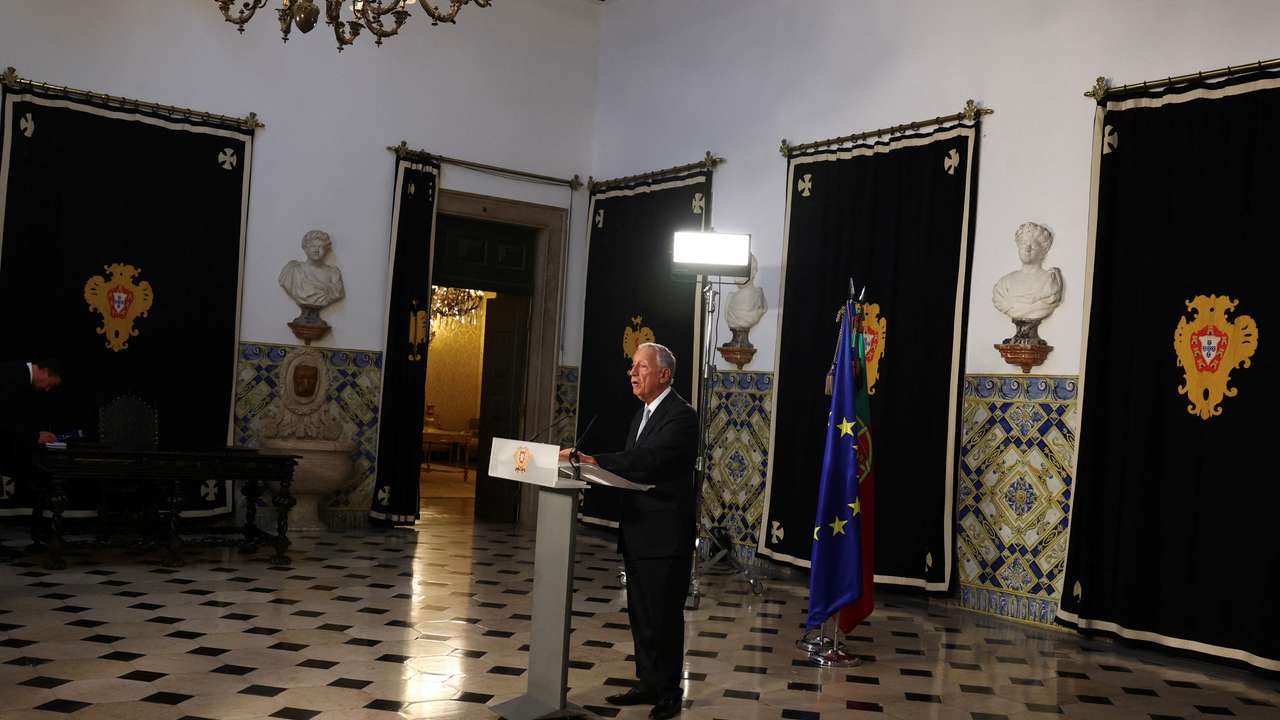 Portugal's President de Sousa addresses the nation from Belem Palace to announce his decision to dissolve parliament, in Lisbon