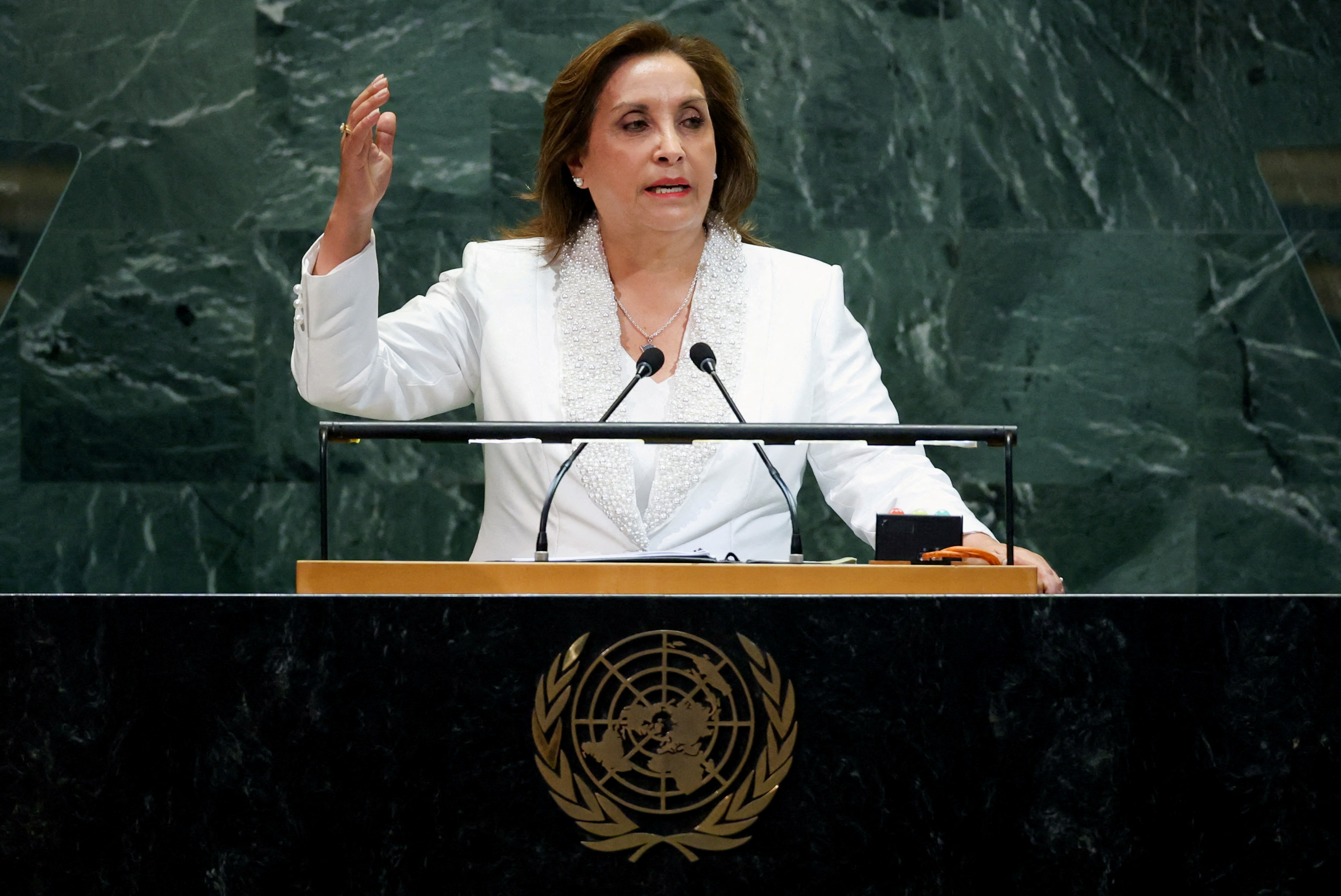 FILE PHOTO: Peru's President Dina Boluarte addresses the United Nations General Assembly