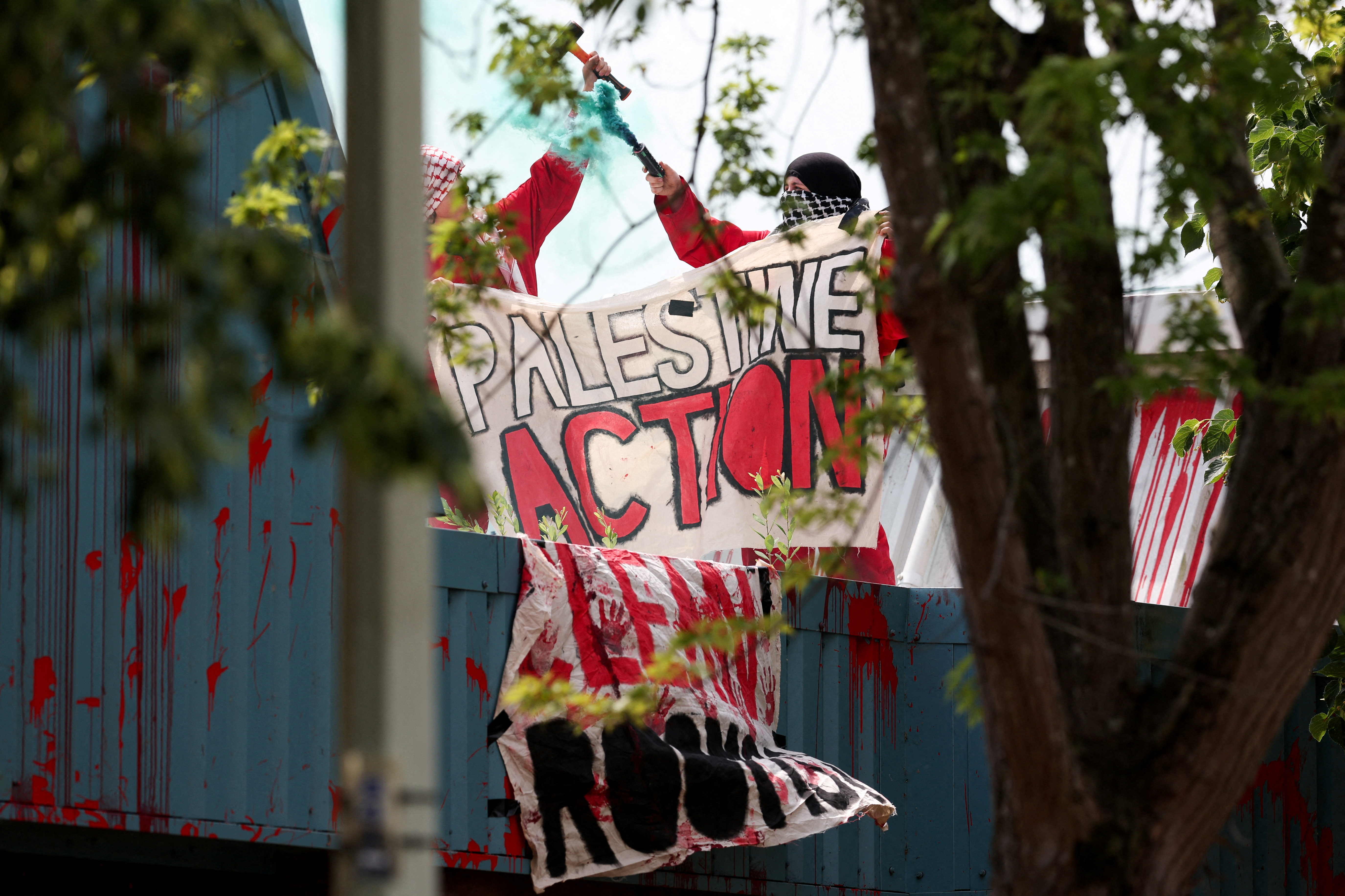 "Palestine Action" protest on the roof of Guardtech Group in Brandon, Suffolk
