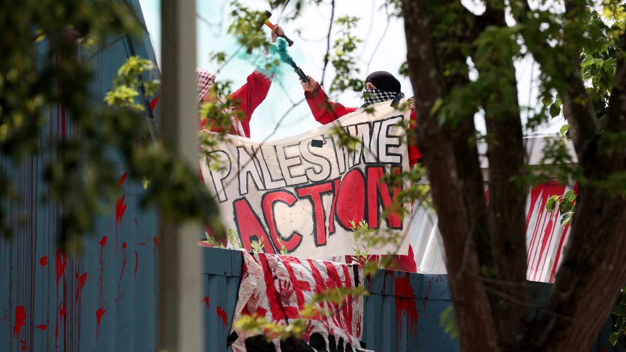 "Palestine Action" protest on the roof of Guardtech Group in Brandon, Suffolk