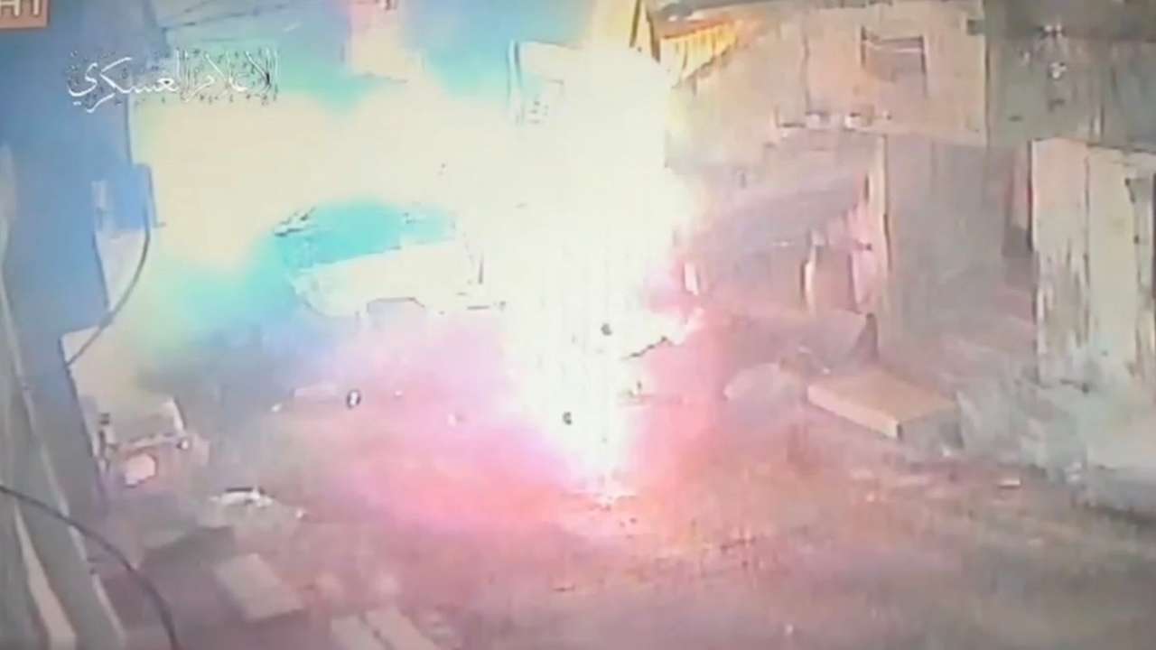 A view shows an explosion, which the Al-Qassam Brigades says was following the detonation of a military bulldozer in Tulkarm