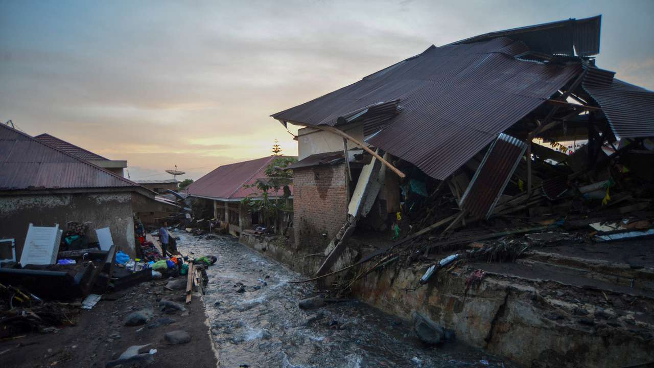 A damaged house is seen in an area affected by heavy rain which caused flash floods in Agam