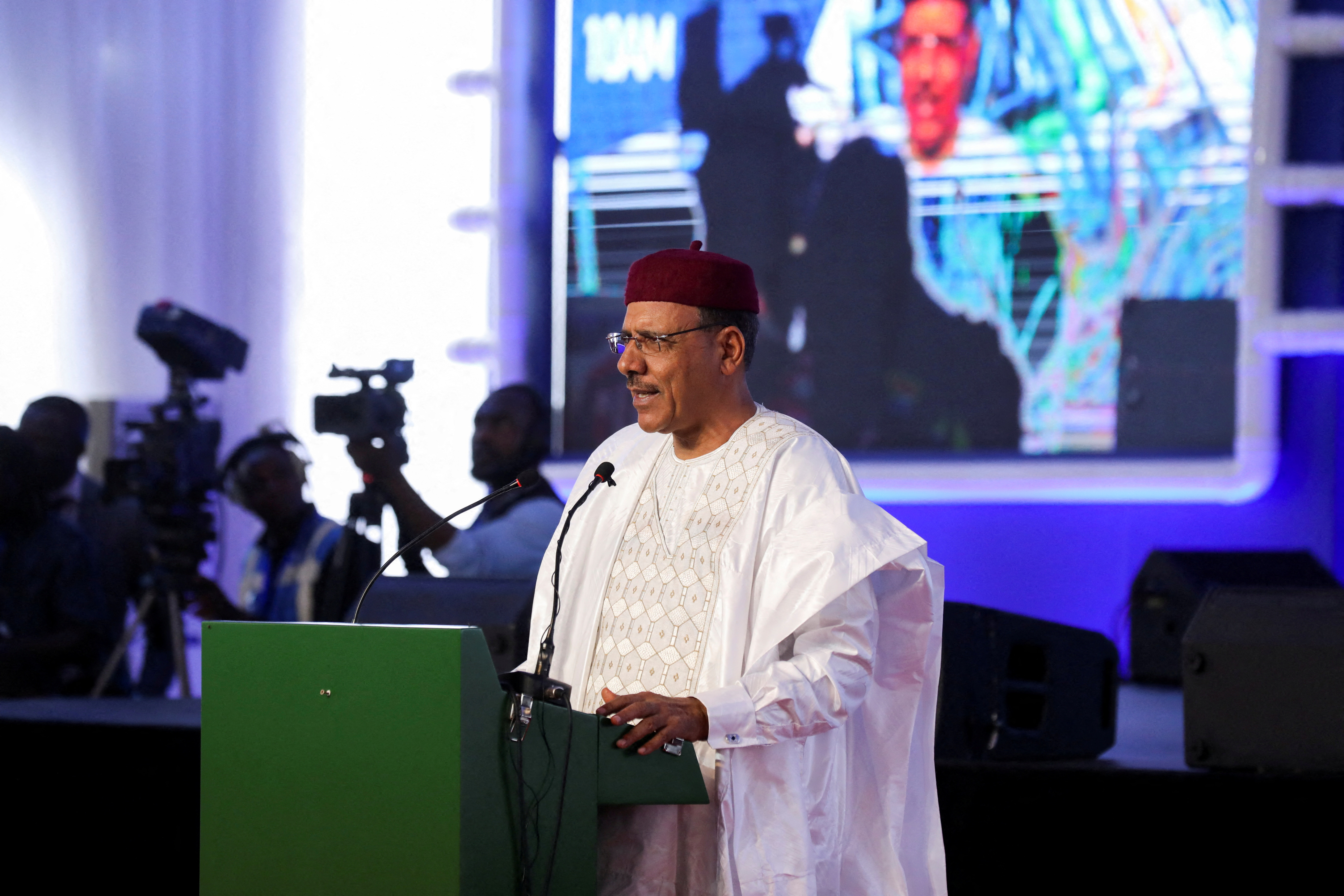 FILE PHOTO: Mohamed Bazoum, who was ousted as Niger's president in a coup on July 26, speaks in May.