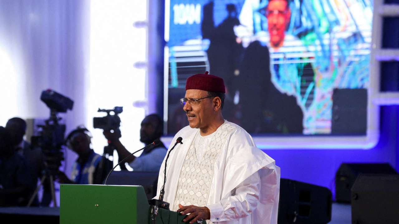 FILE PHOTO: Mohamed Bazoum, who was ousted as Niger's president in a coup on July 26, speaks in May.