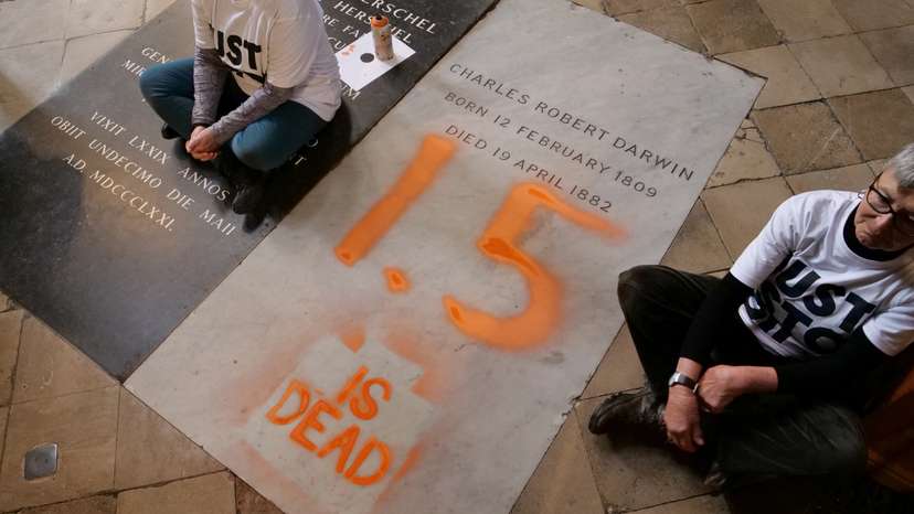 Climate activists from Just Stop Oil paints over the grave of Charles Darwin in London