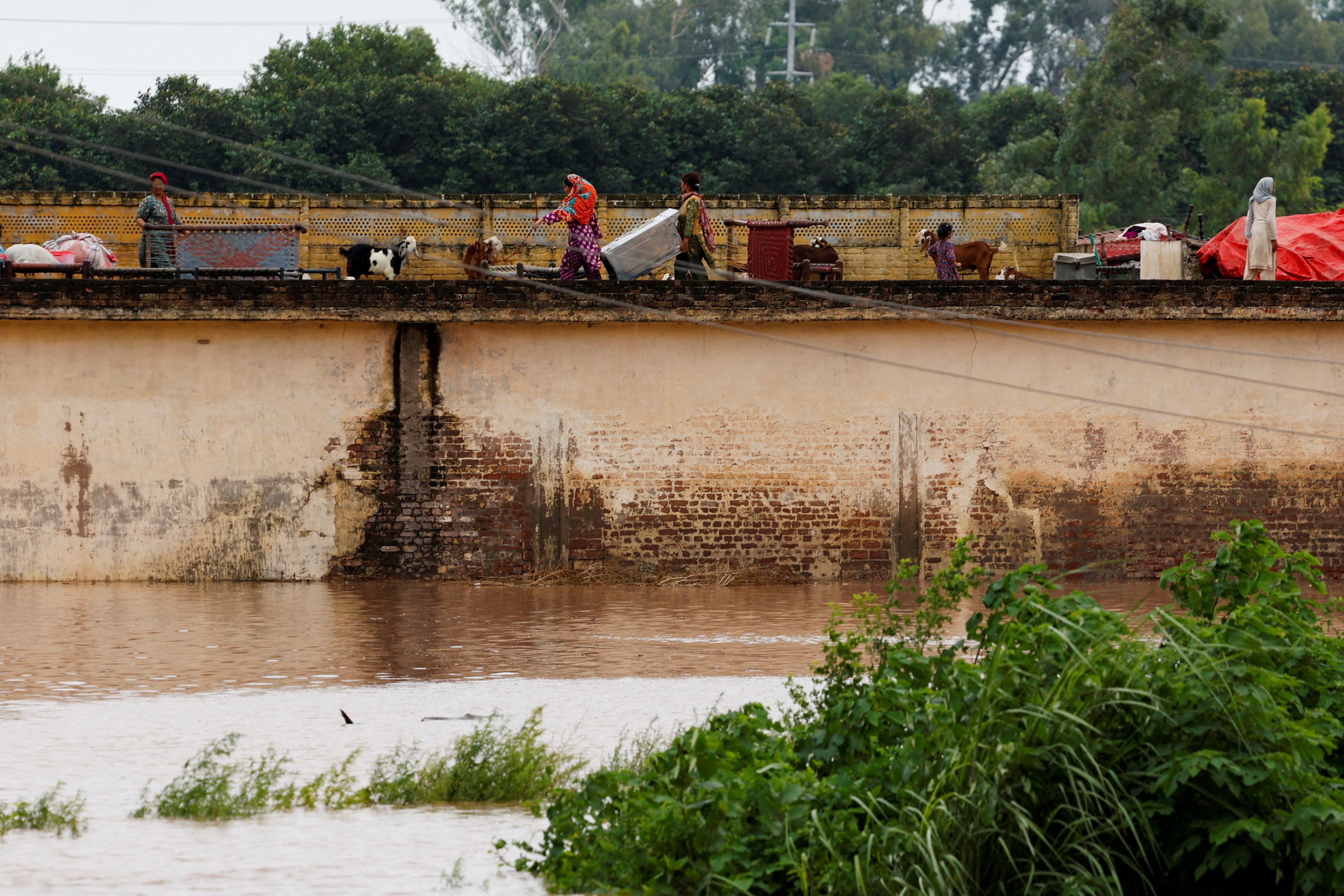 A family with their belongings takes refuge over a roof of their house near Chenab River, following the monsoon rains and rising water level in Wazirabad