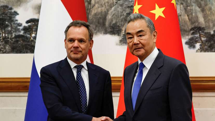 Chinese Foreign Minister Wang Yi meets Dutch foreign minister Caspar Veldkamp at the Diaoyutai State Guesthouse in Beijing