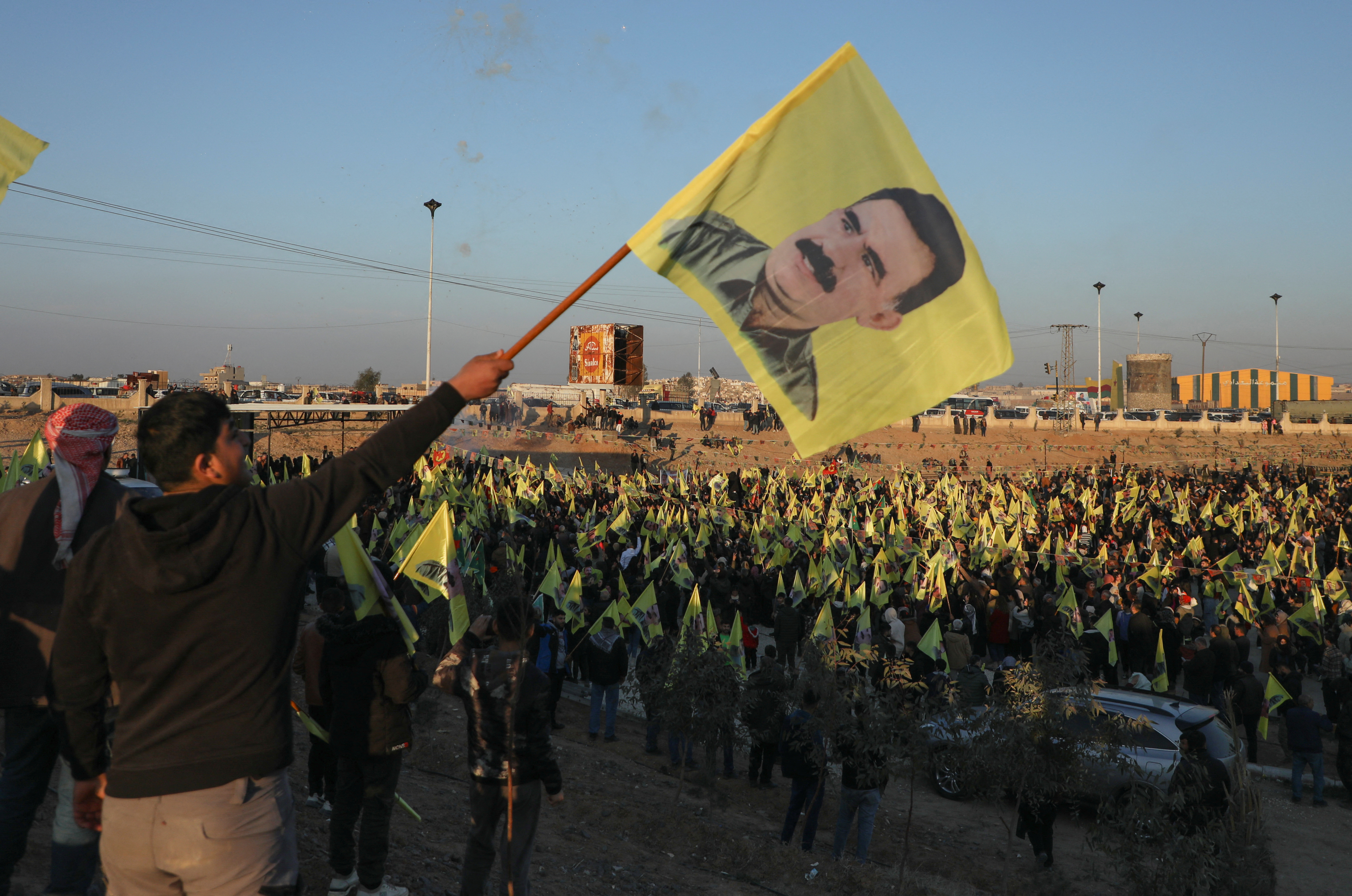 Syrian Kurds gather in Hasakah after Turkey's jailed militant leader Abdullah Ocalan called on his Kurdistan Workers Party to lay down its arms