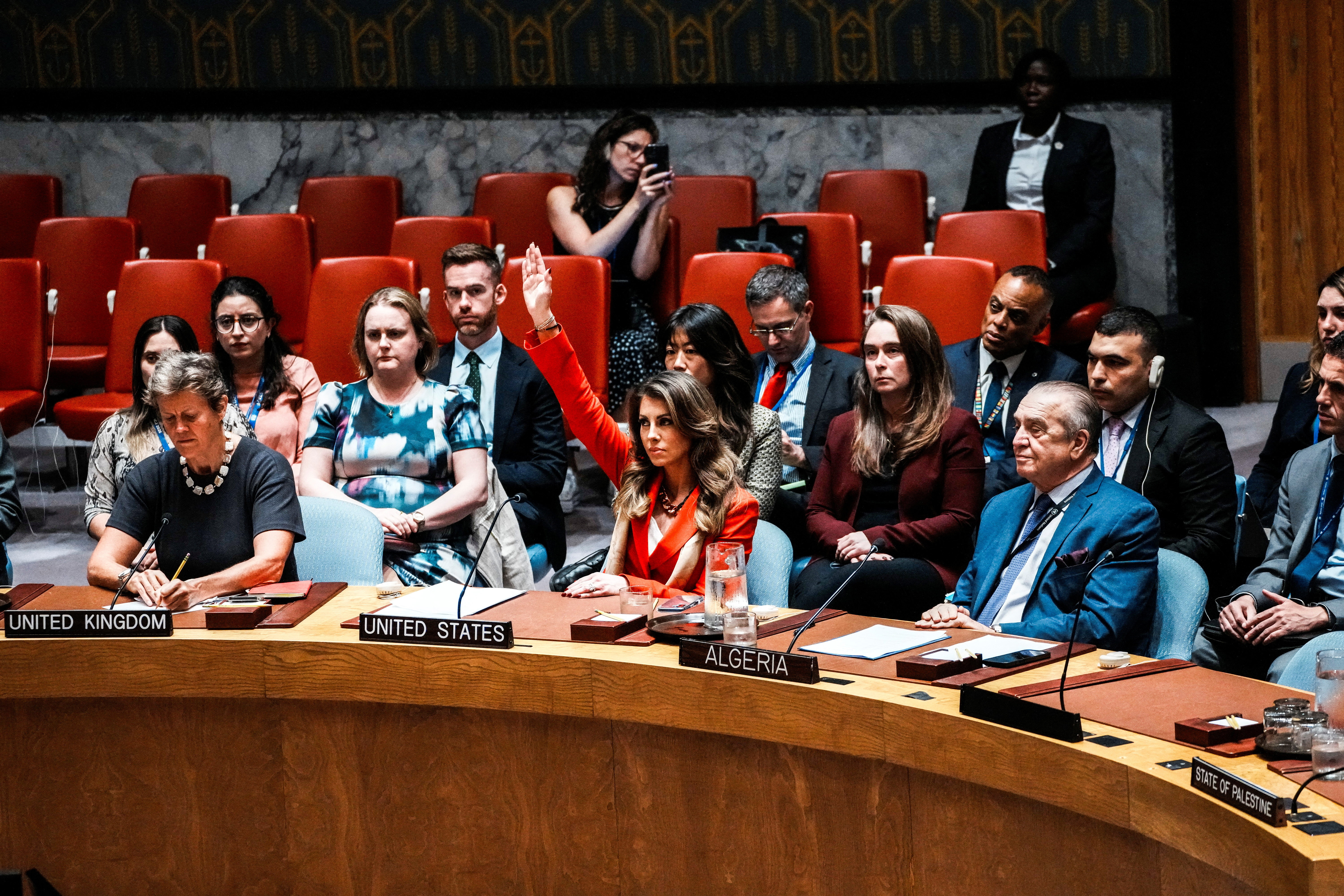 Members of the U.N. Security Council vote on draft resolution demanding Gaza ceasefire at U.N. headquarters in New York