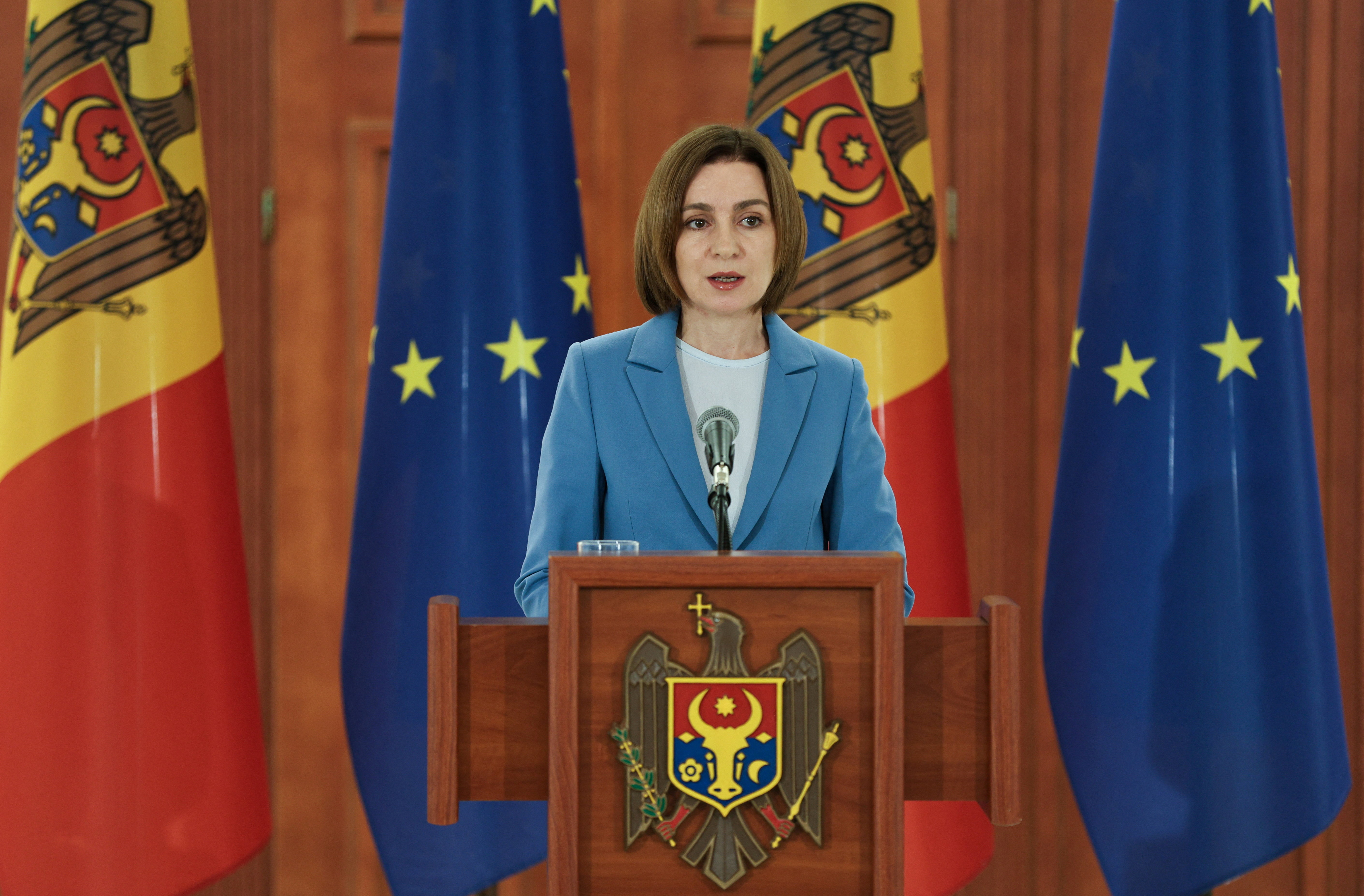 Moldovan President Sandu attends a press conference following the announcement of elections results, in Chisinau