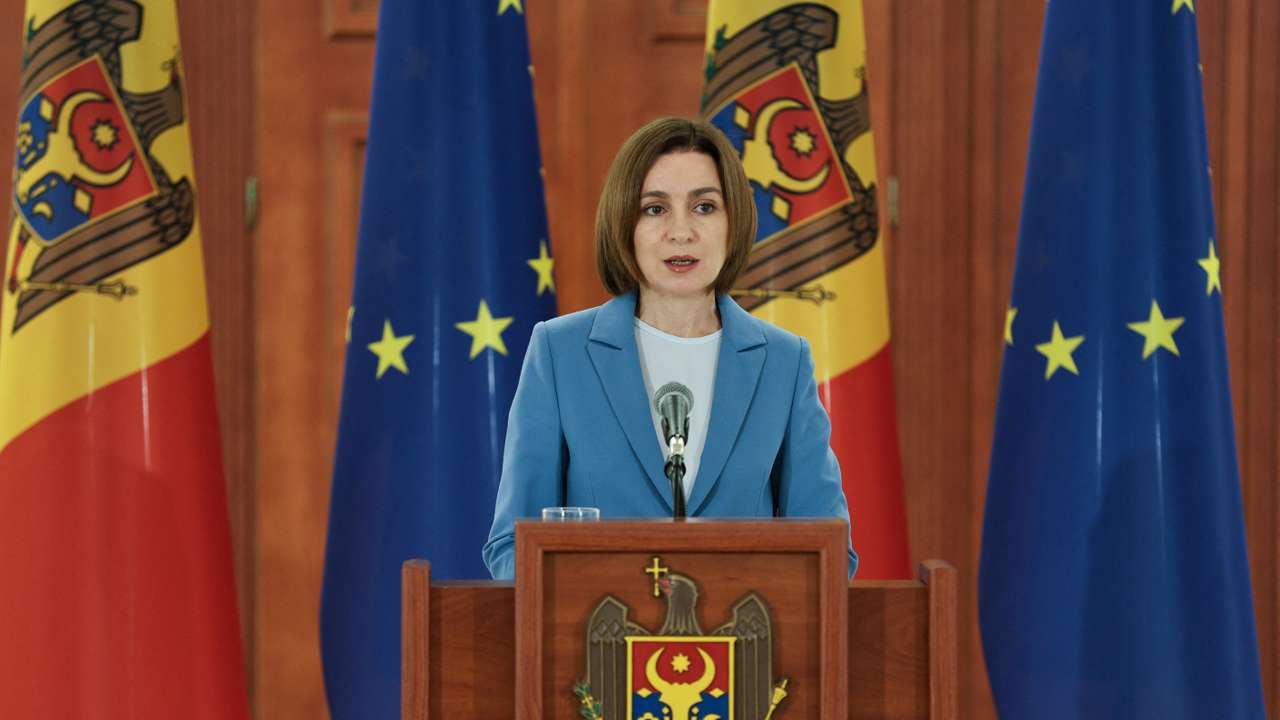Moldovan President Sandu attends a press conference following the announcement of elections results, in Chisinau