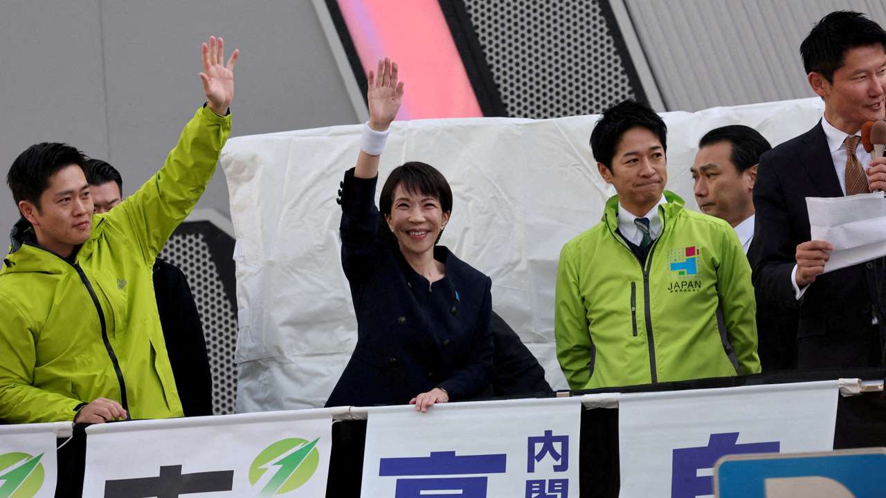FILE PHOTO: Leader of Japan's ruling Liberal Democratic Party (LDP) and Prime Minister Sanae Takaichi attends a campaign event in Tokyo