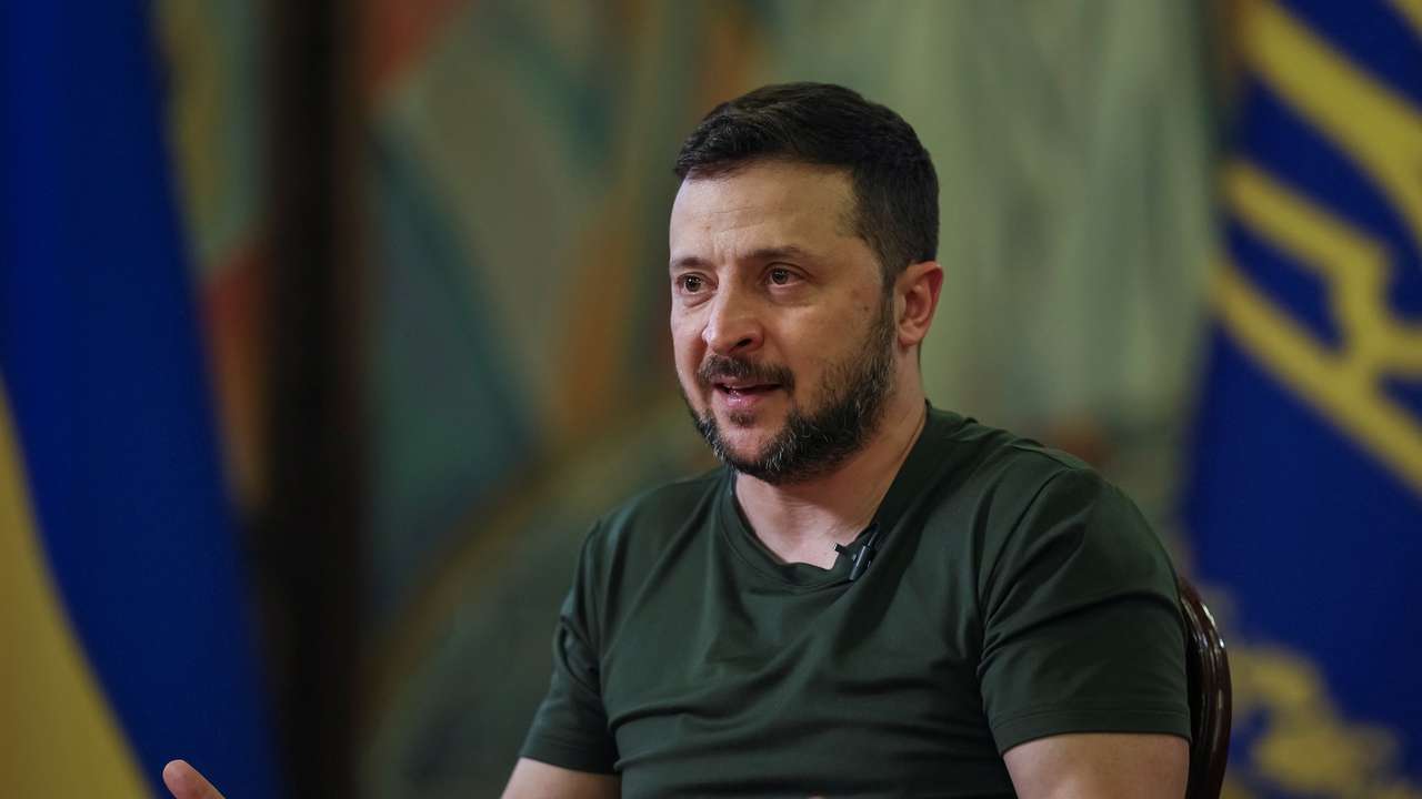 Ukraine's President Zelenskiy speaks during an interview in Kyiv