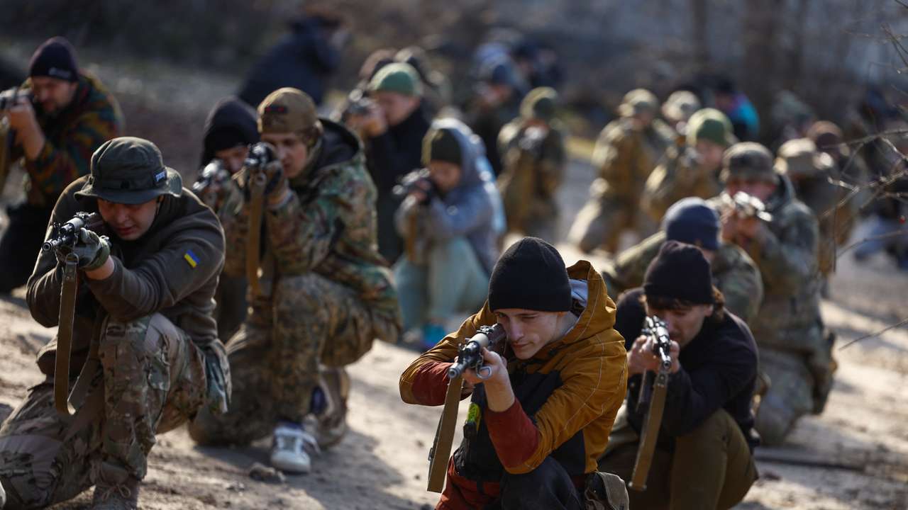 Potential recruits who aspire to join the 3rd Separate Assault Brigade of the Ukrainian Armed Forces take part in a testing basic military course in Kyiv