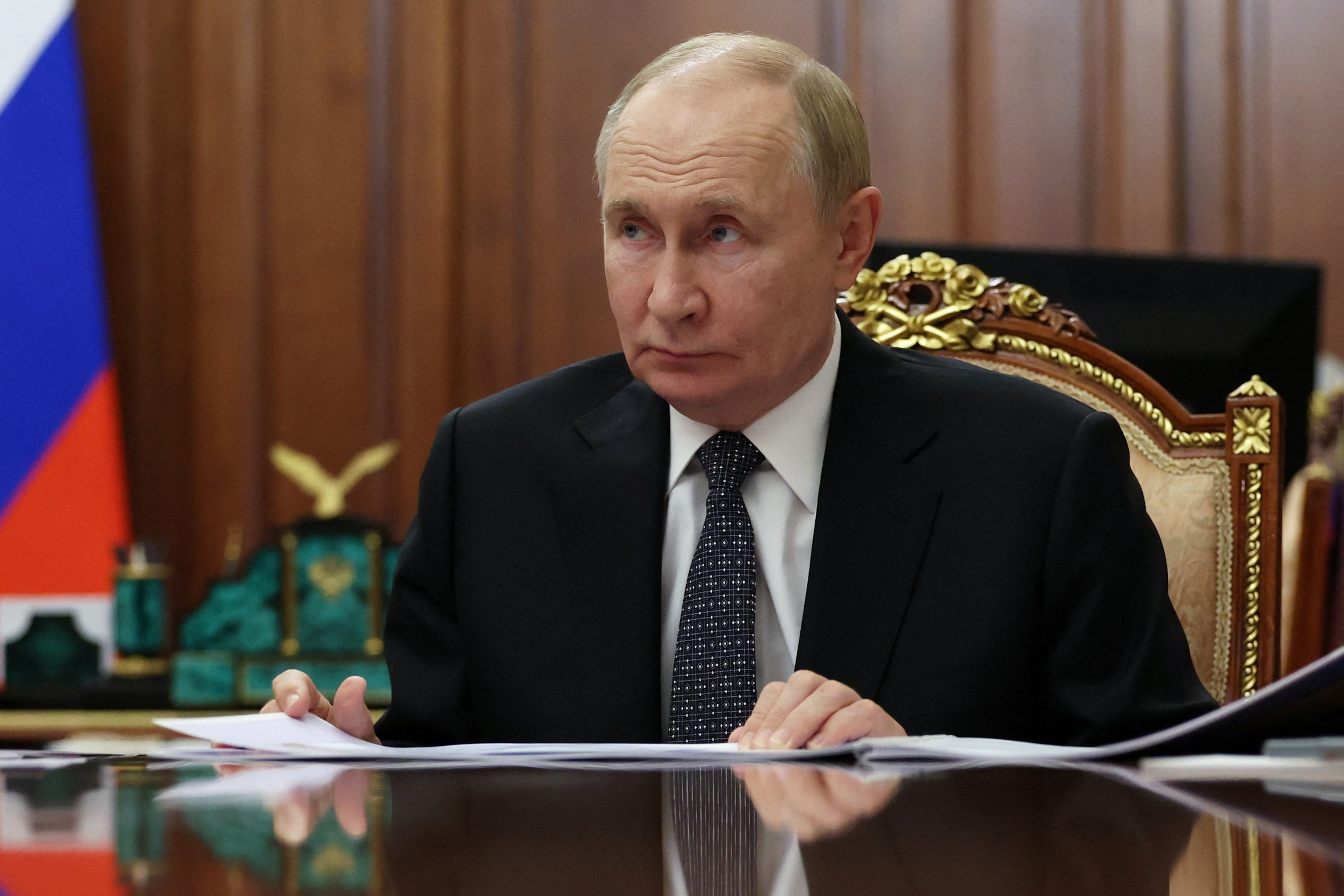 Russian President Vladimir Putin attends a meeting with Vladimir Saldo, Moscow-installed leader of the Russian-controlled parts of the Kherson region, in Moscow