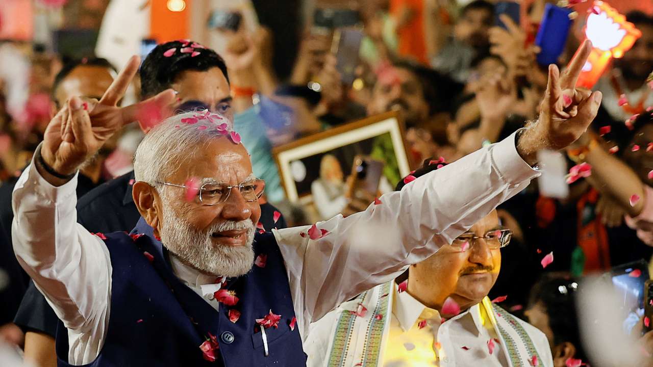 Indian PM Modi speaks to supporters at BJP headquarters, in New Delhi