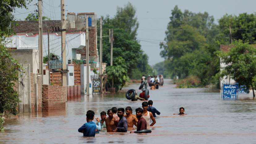 Monsoon rains and rising water levels in Qadirabad village near the Chenab River