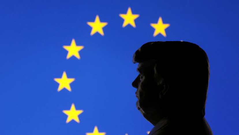Illustration shows 3D-printed miniature model of U.S. President Donald Trump and EU flag
