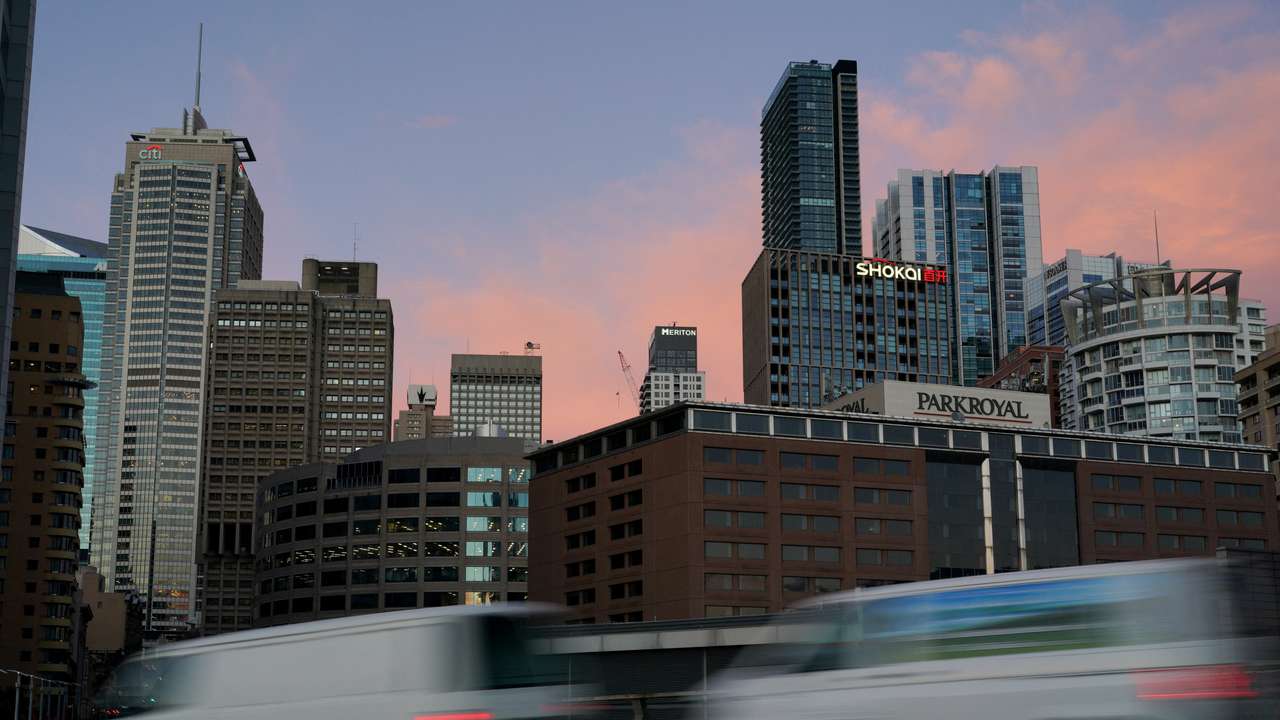 FILE PHOTO: The Central Business District (CBD) skyline is pictured at sunset in Sydney