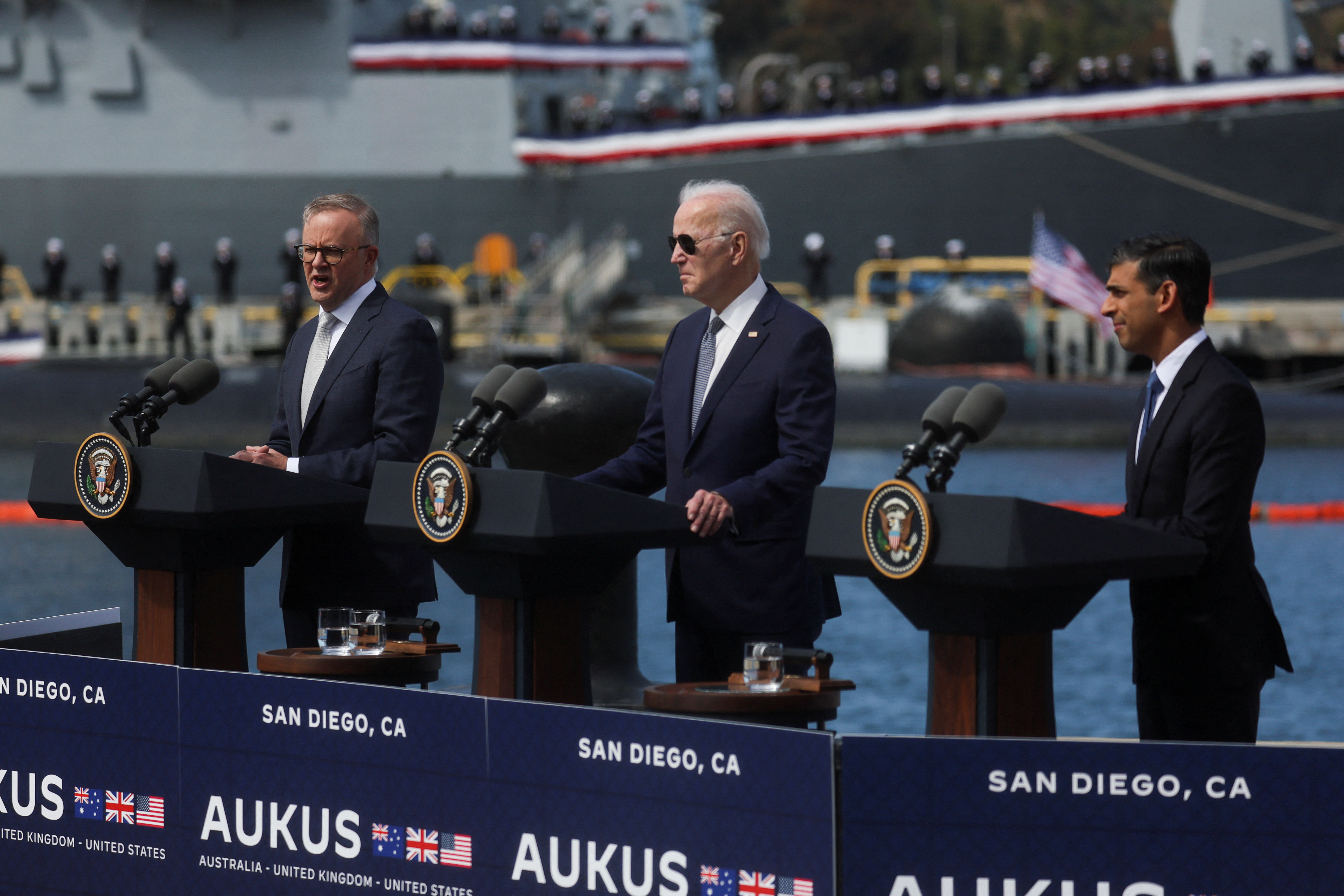 U.S. President Biden meets with Australian PM Albanese and British PM Sunak at Naval Base Point Loma in San Diego