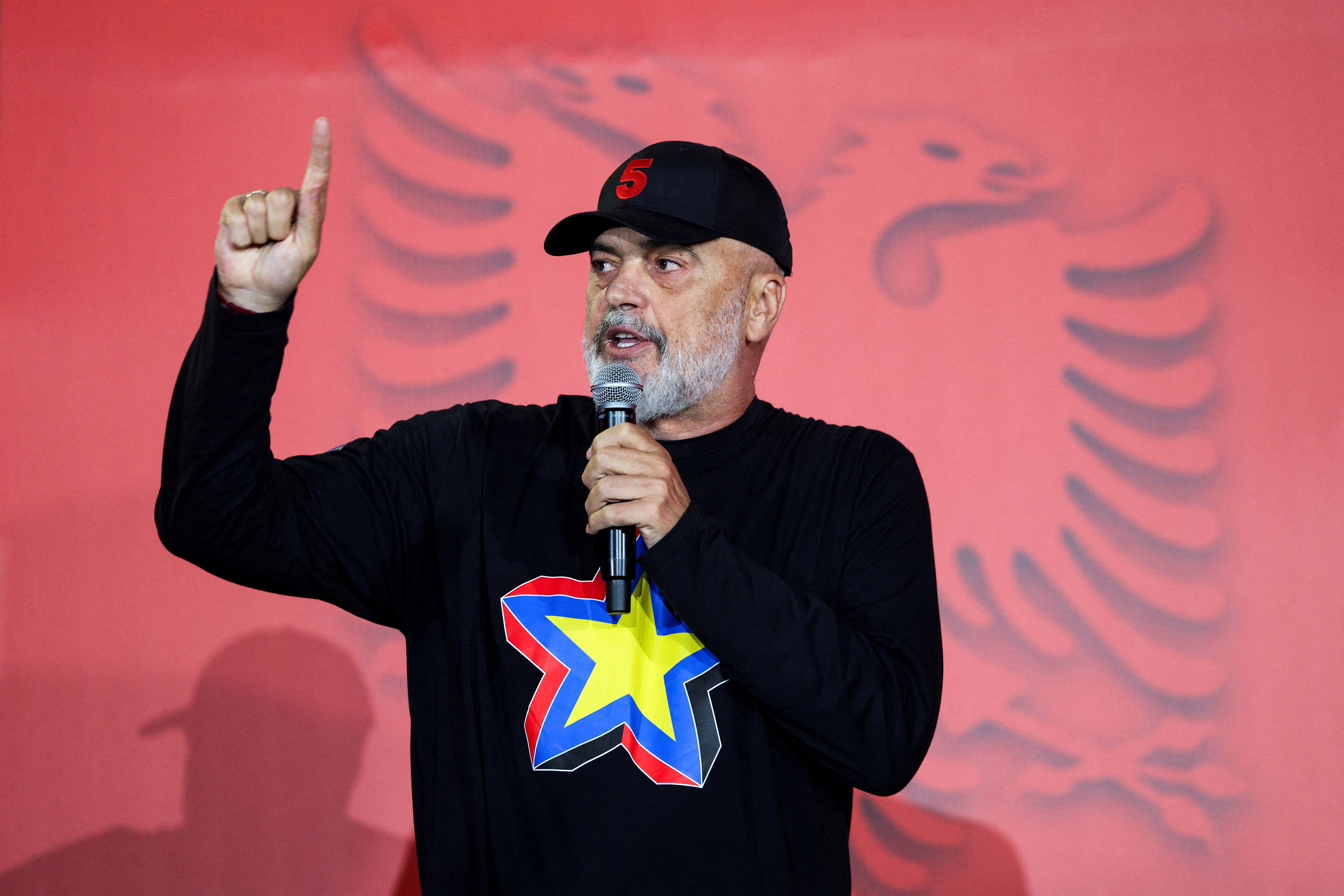 Leader of the Socialist party and Prime Minister of Albania, Edi Rama delivers his speech during a rally in Fier