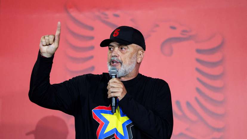 Leader of the Socialist party and Prime Minister of Albania, Edi Rama delivers his speech during a rally in Fier