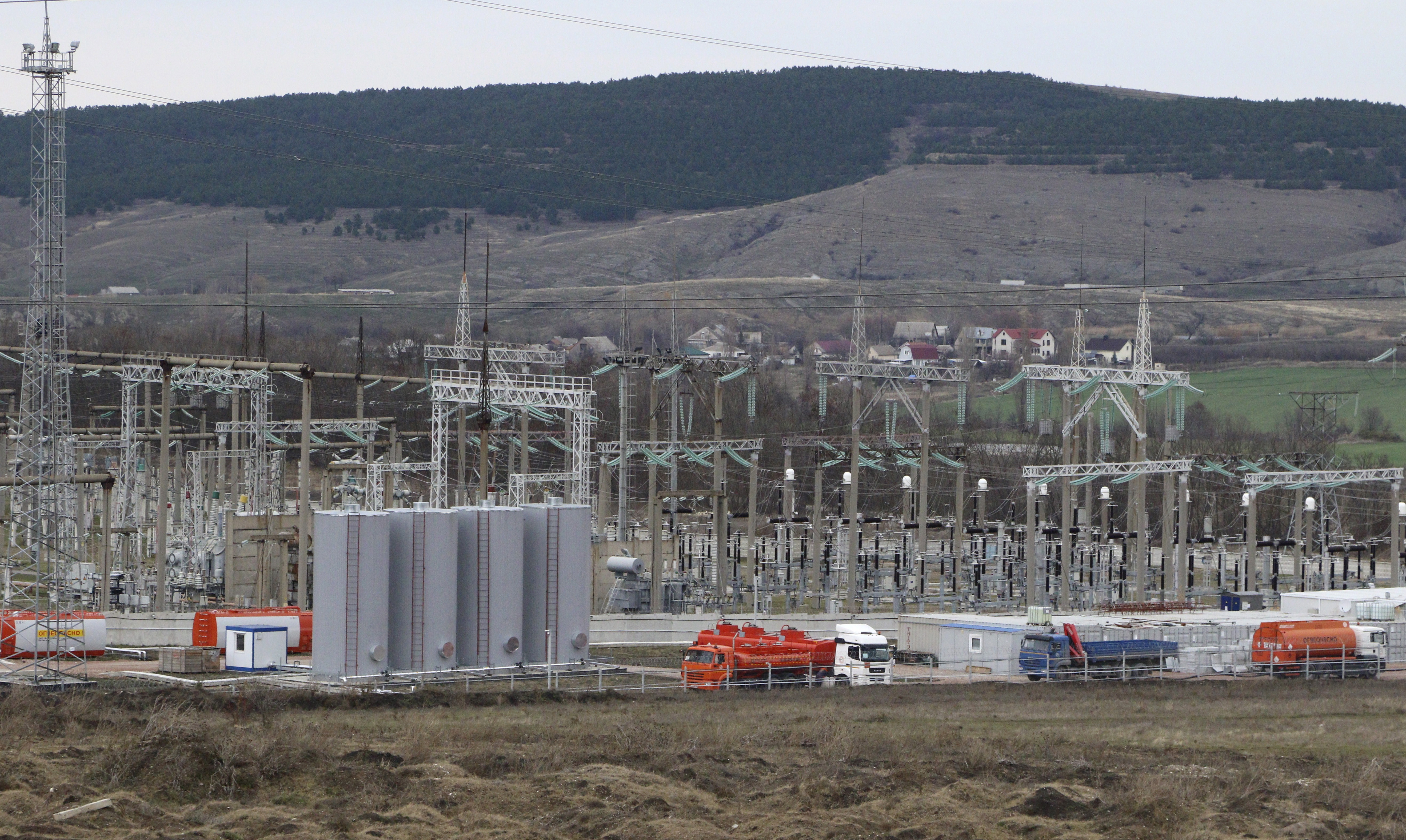 FILE PHOTO: General view shows the facilities of a mobile gas turbine generator, which was turned on due to recent power outages after pylons carrying electricity were blown up, in the settlement of Stroganovka, Simferopol district of Crimea