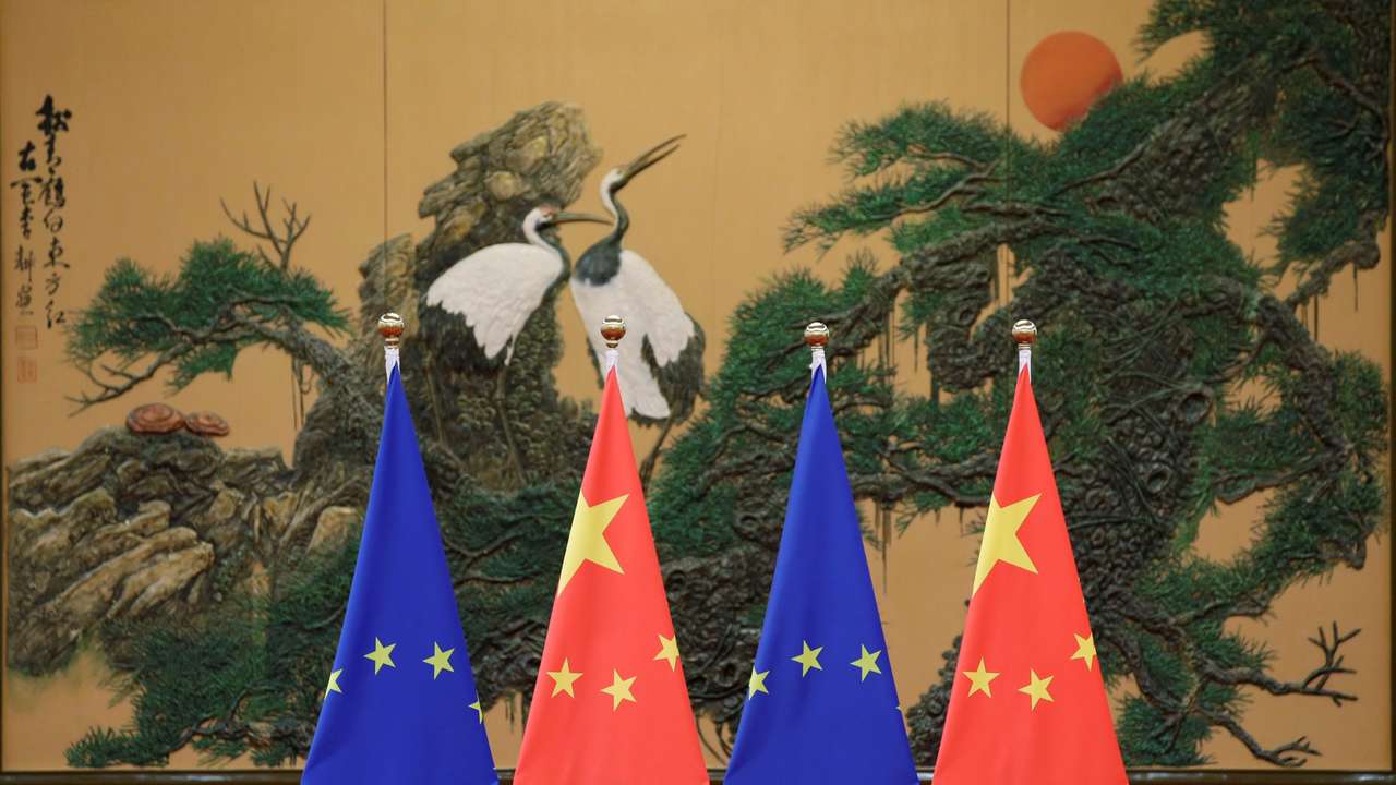 Flags of European Union and China are pictured during the China-EU summit in Beijing