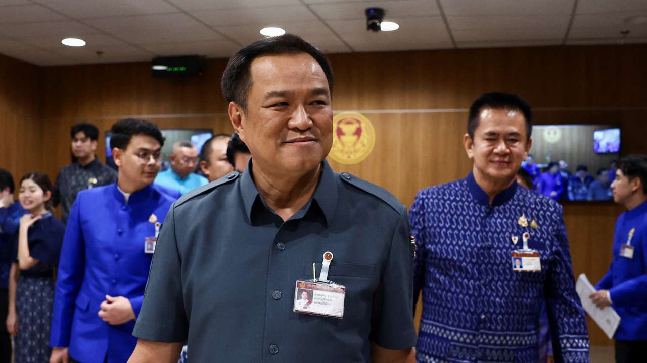 Thailand's caretaker Deputy PM Anutin Charnvirakul and Bhumjaithai Party MPs attend a press conference at the parliament house ahead of a pivotal parliamentary vote on a new PM, in Bangkok