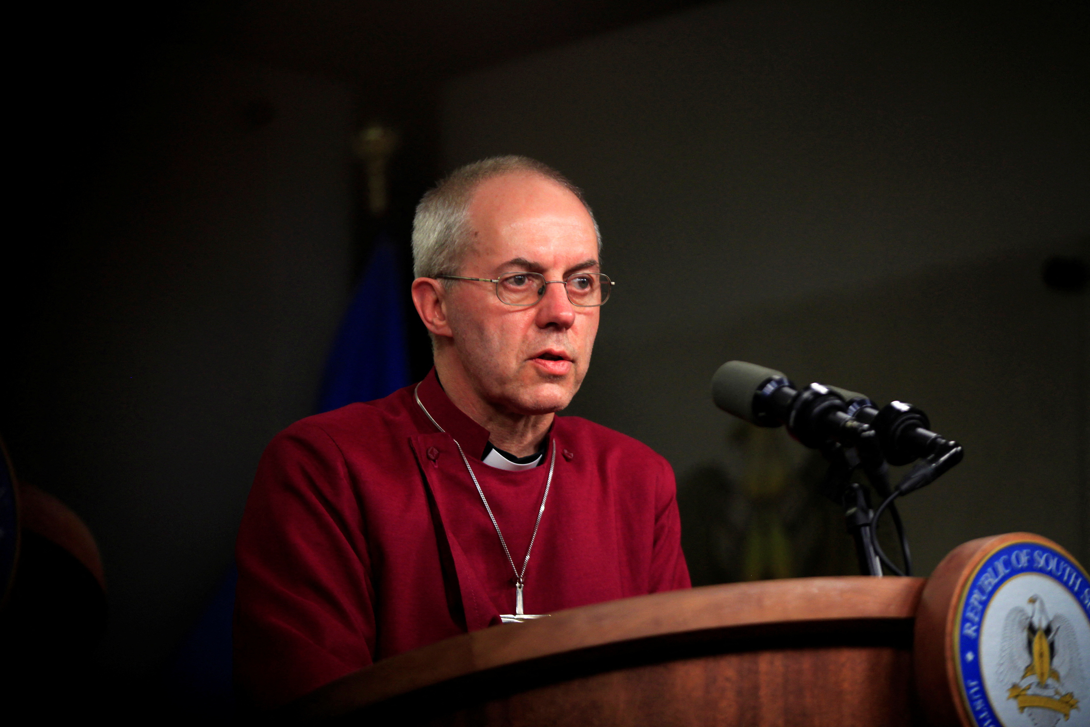 FILE PHOTO: Justin Welby, Archbishop of Canterbury, speaks at a news conference during his visit to Juba