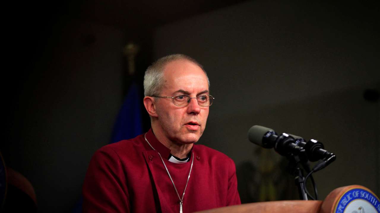 FILE PHOTO: Justin Welby, Archbishop of Canterbury, speaks at a news conference during his visit to Juba