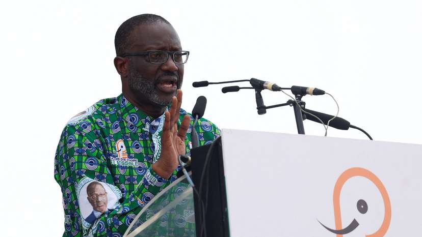 Tidjane Thiam, president of the PDCI (Democratic Party of Cote d'Ivoire), speaks during a meeting in Abidjan