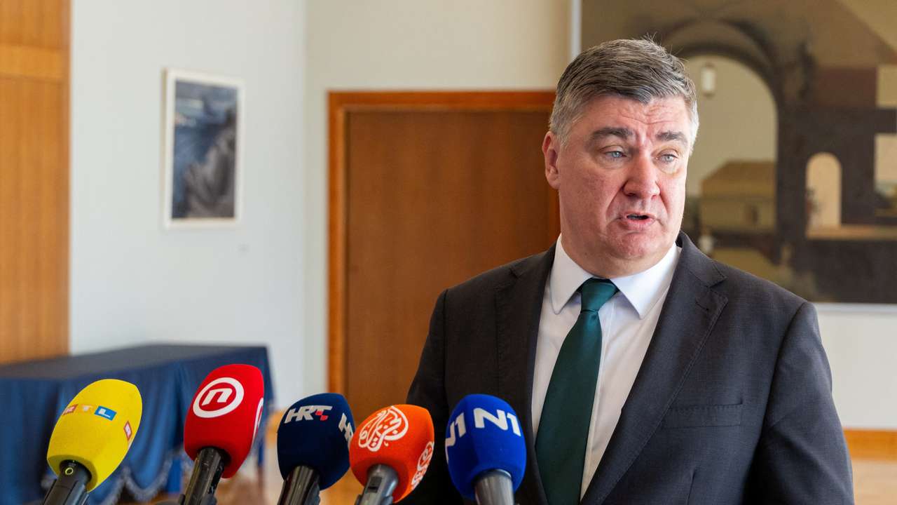 Croatian President Zoran Milanovic talks to the media at the Presidential Palace in Zagreb