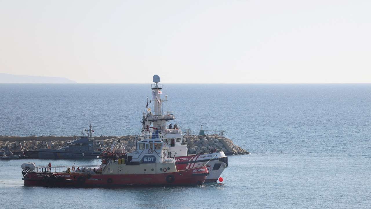 FILE PHOTO: Rescue vessel Open Arms departs from the port of Larnaca with humanitarian aid for Gaza