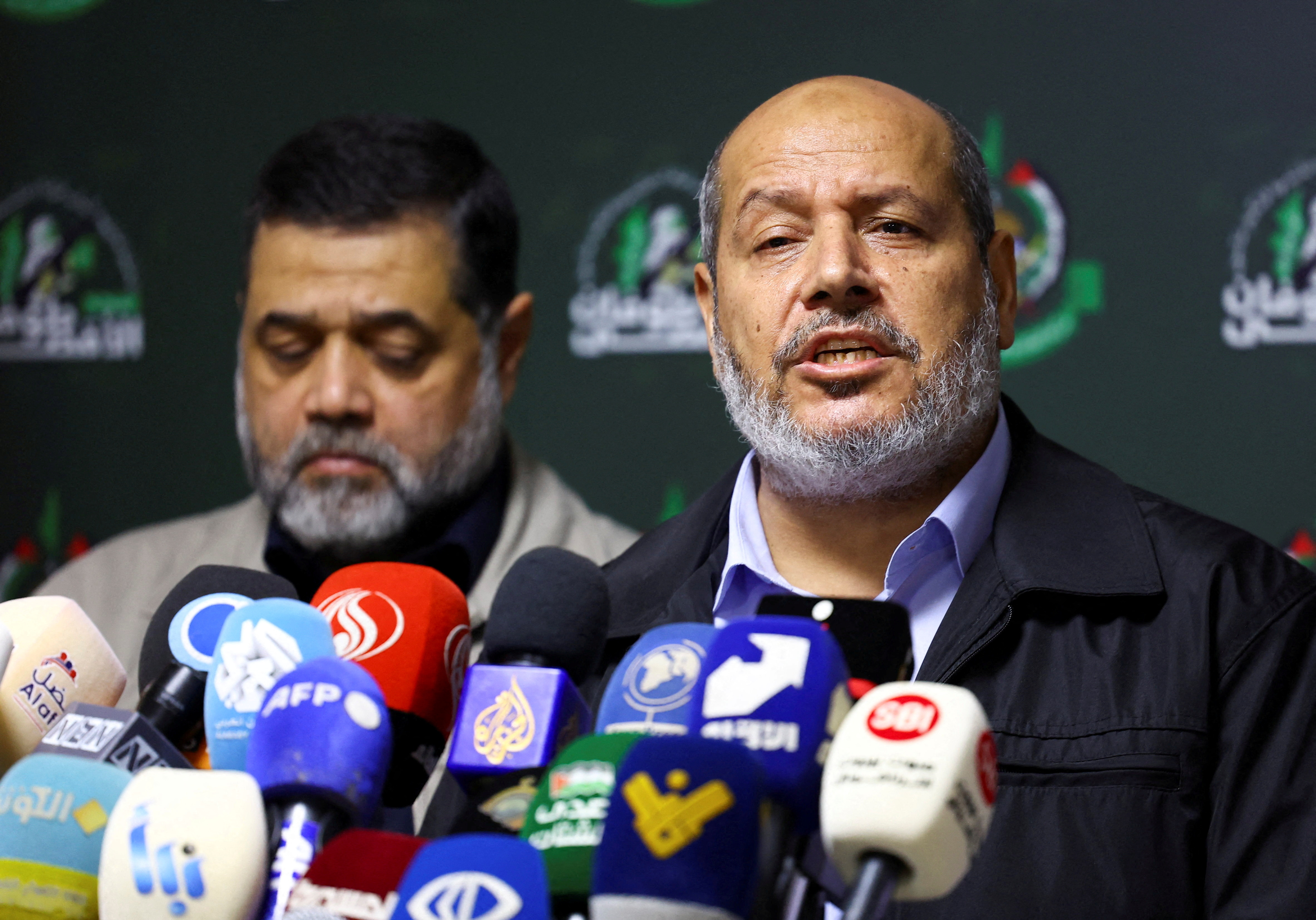 FILE PHOTO: Hamas’s officials, Khalil Al-Hayya and Osama Hamdan hold a press conference in Beirut