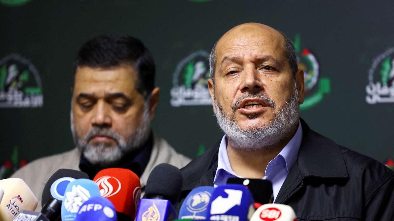 FILE PHOTO: Hamas’s officials, Khalil Al-Hayya and Osama Hamdan hold a press conference in Beirut
