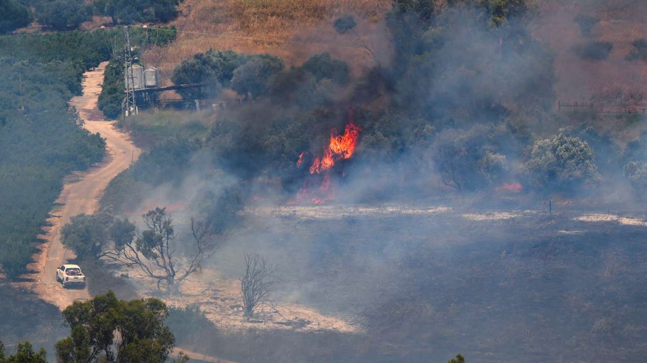 A fire blazes on the Israeli side of the Israel-Lebanon border following attacks from Lebanon, amid cross-border hostilities between Hezbollah and Israeli forces