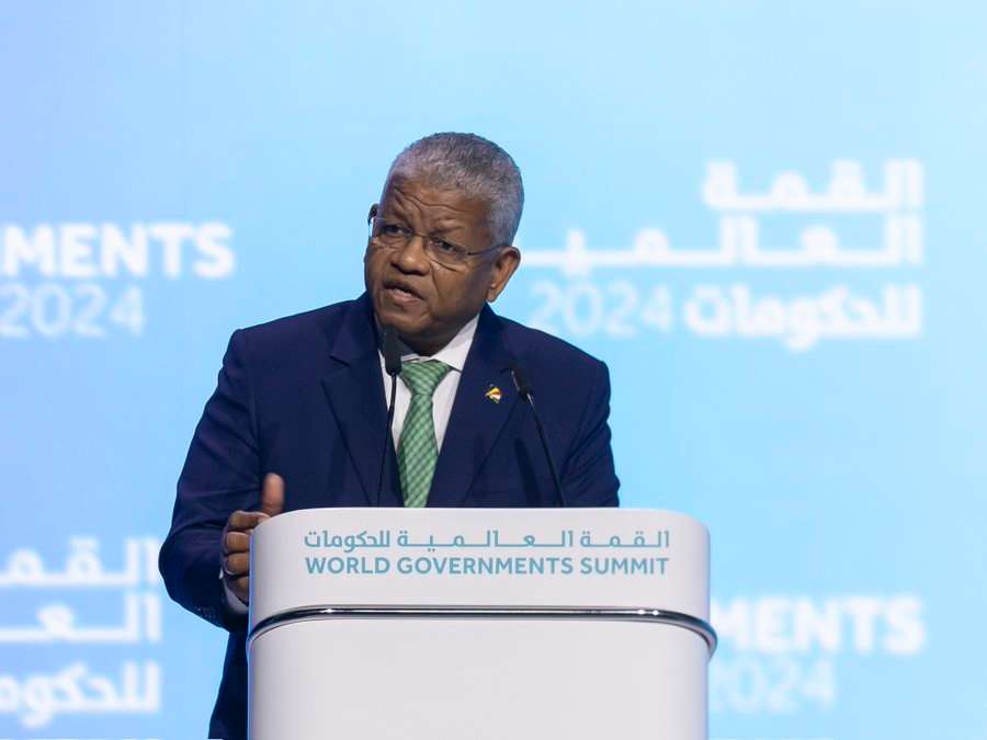 Seychelles President Wavel Ramkalawan speaking at the World Governments Summit