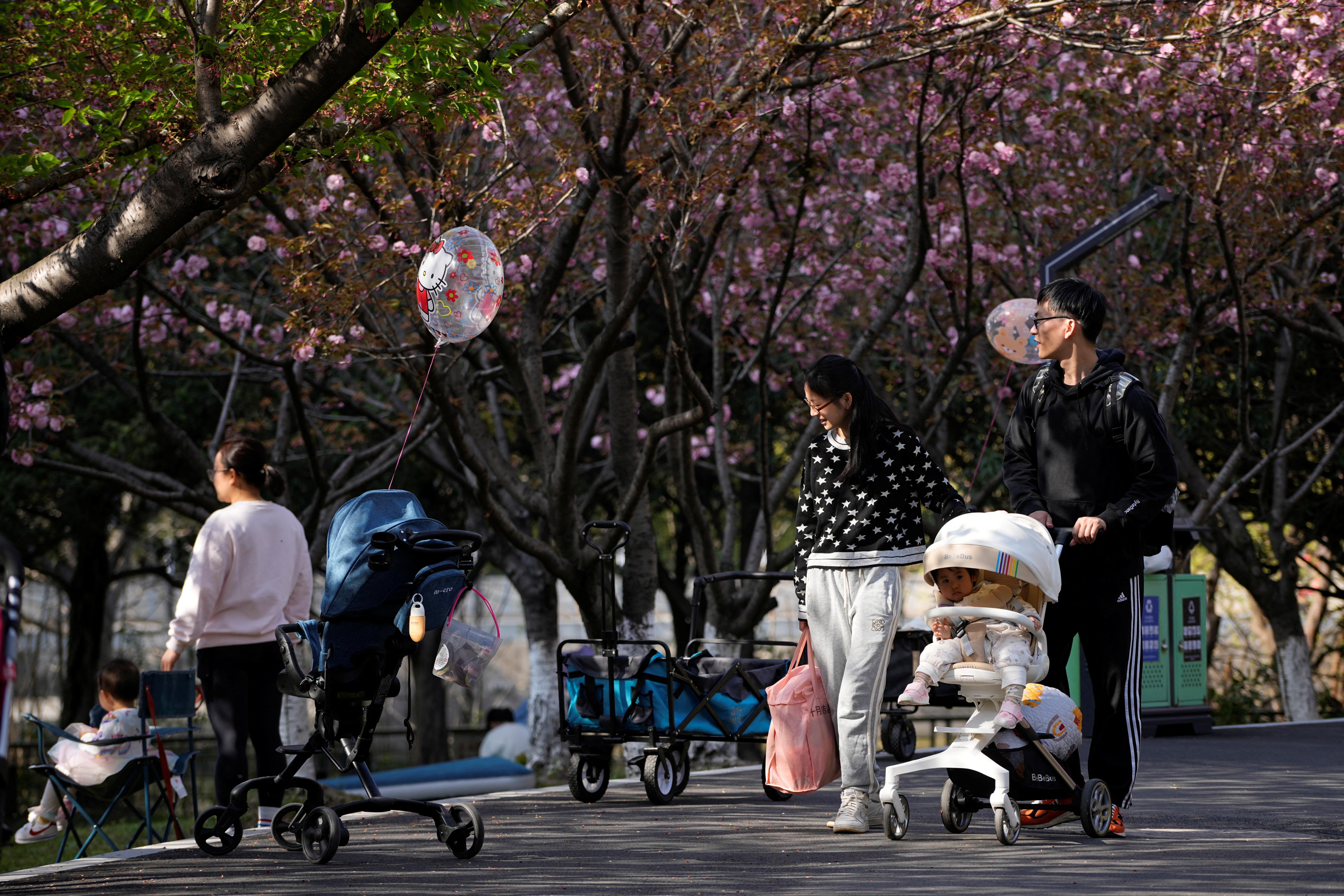 FILE PHOTO: A parents pushes a stroller with a baby in a park in Shanghai