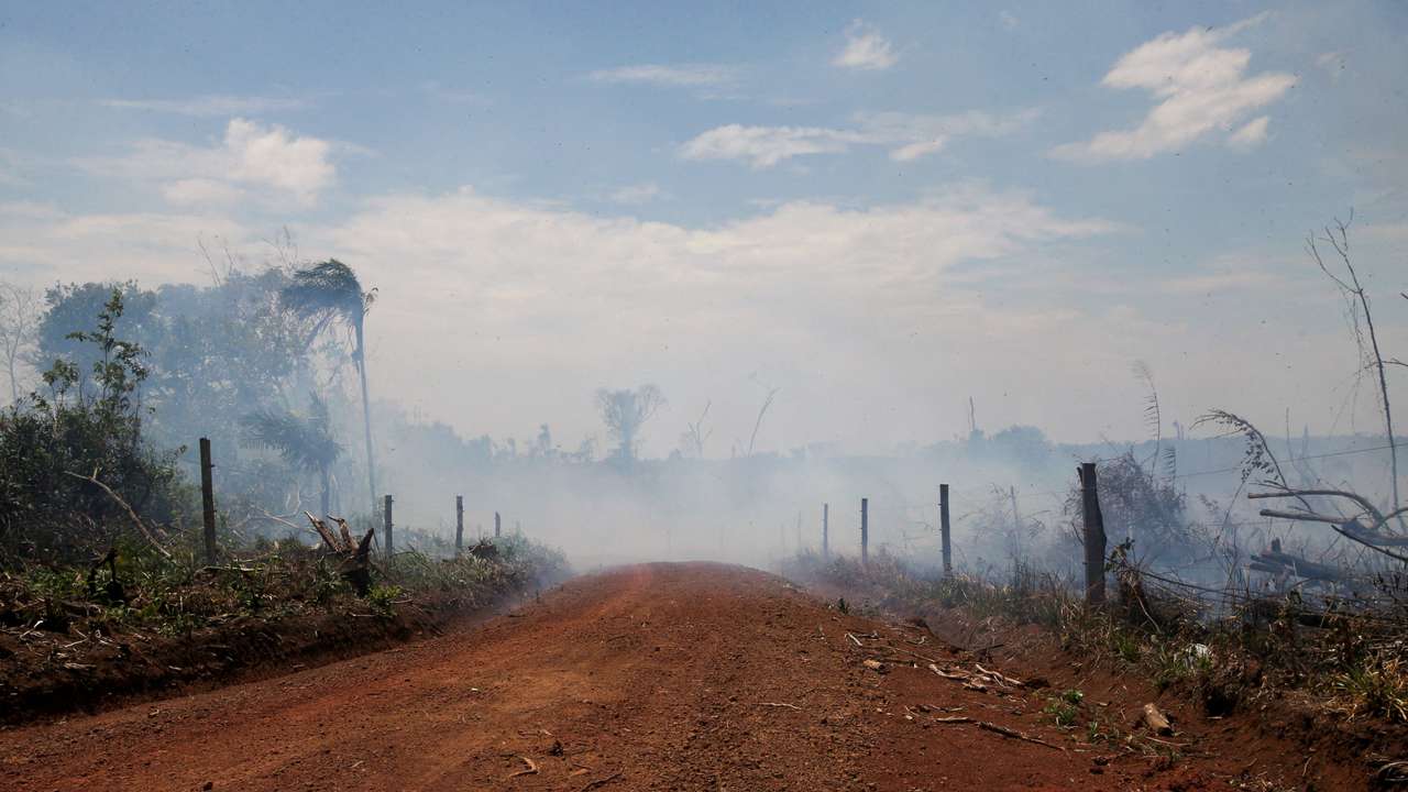 FILE PHOTO: Smoke rises in the middle of an illegal road made during the deforestation of the Yari plains, in Caqueta