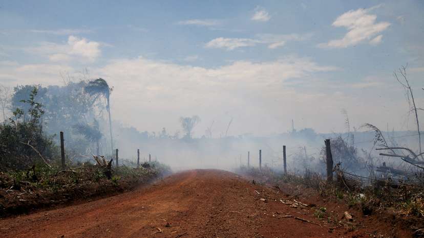FILE PHOTO: Smoke rises in the middle of an illegal road made during the deforestation of the Yari plains, in Caqueta