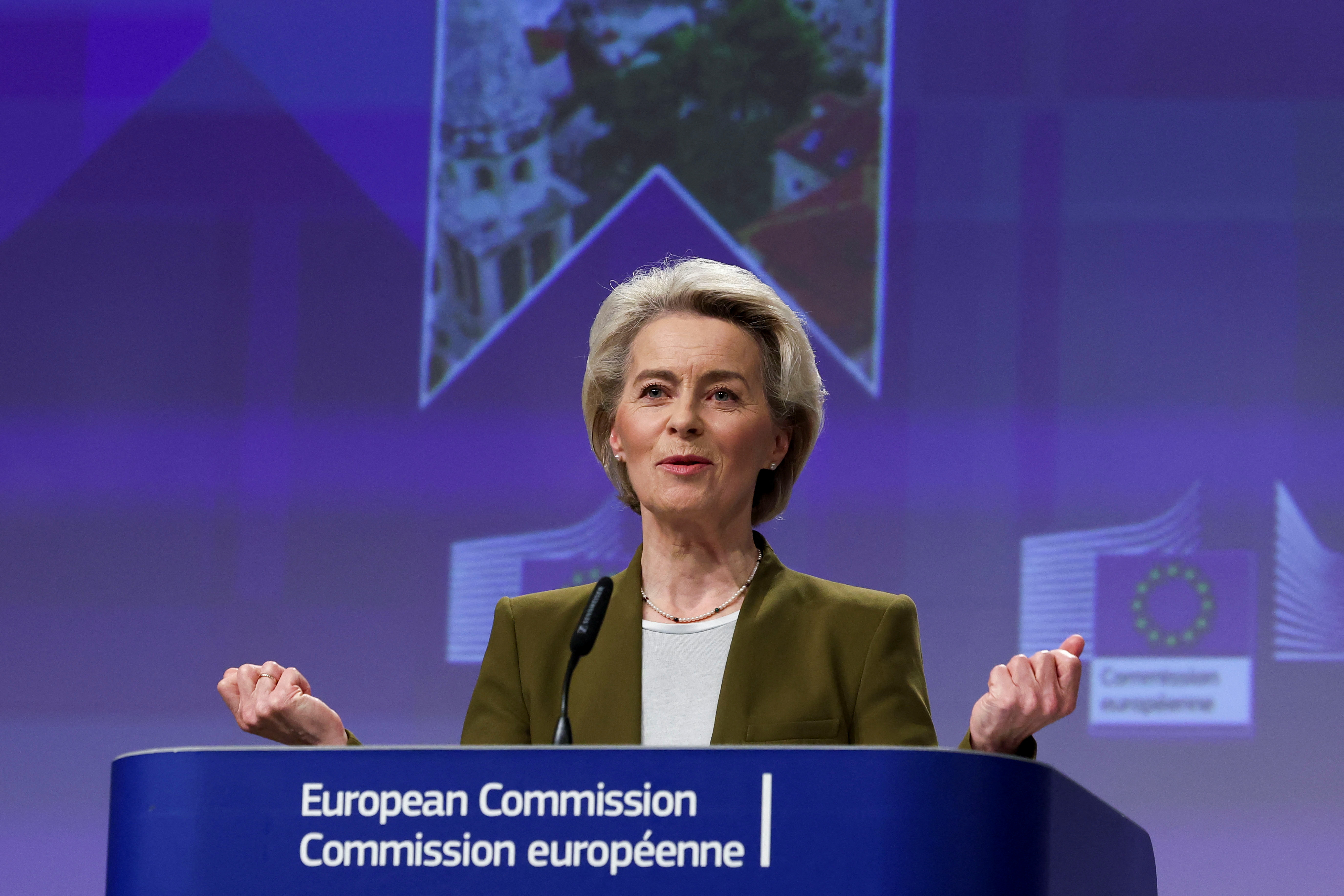 EU executives hold a press conference on Ukraine's progress towards membership in Brussels