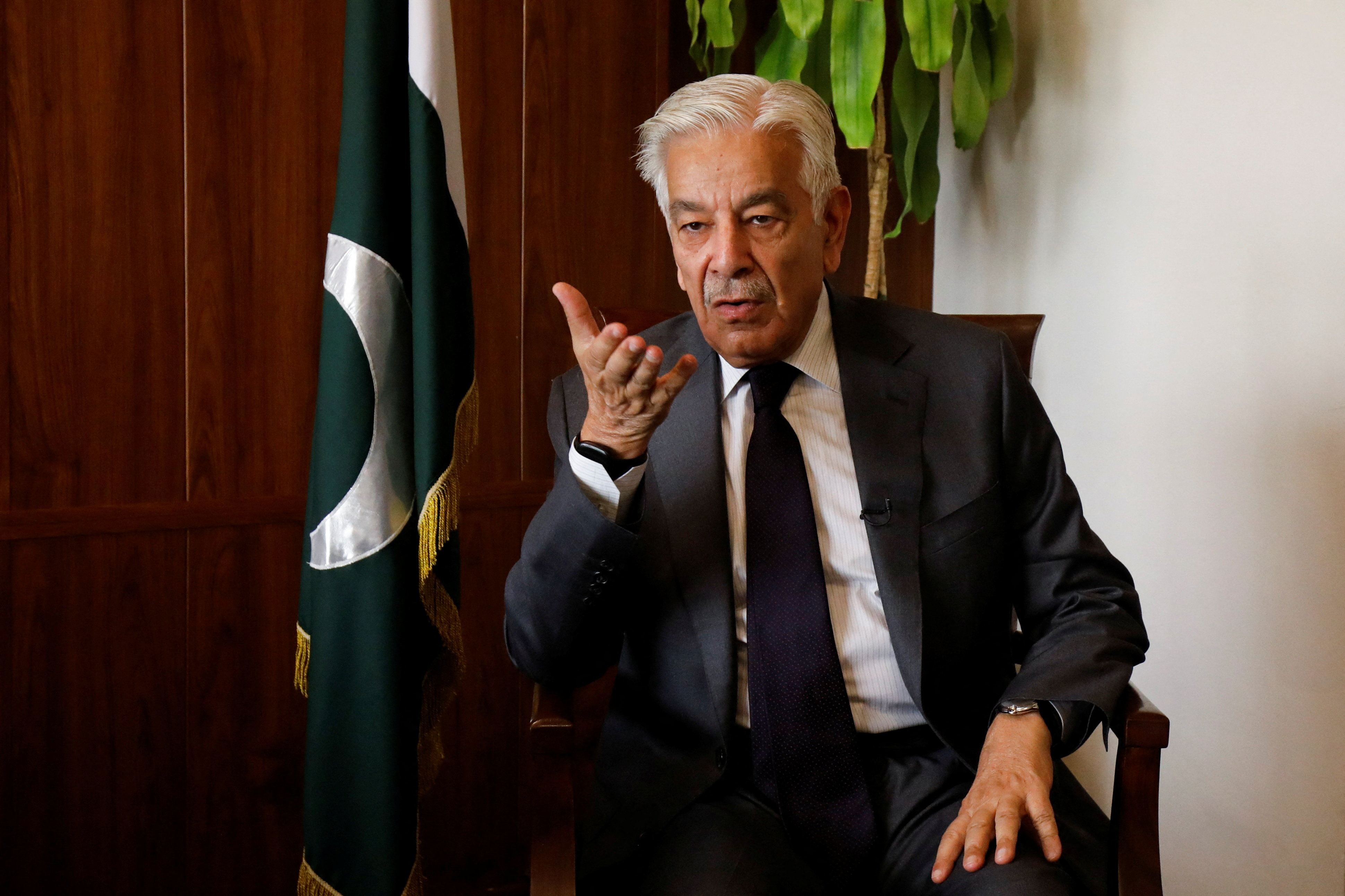 Pakistan's Defence Minister Khawaja Muhammad Asif during an interview with Reuters in Islamabad