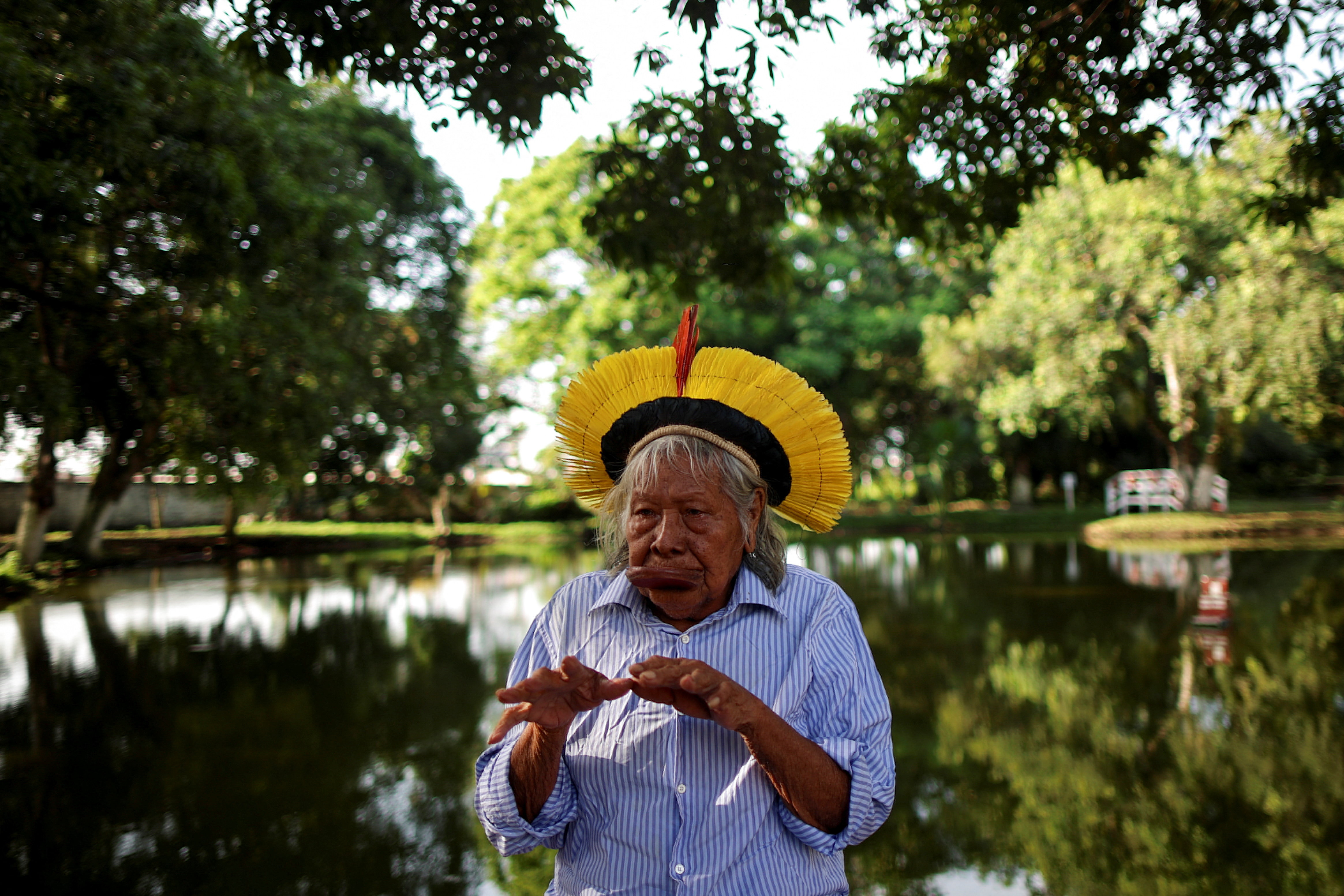 Brazil's indigenous chief Raoni Metuktire attends an interview with Reuters, in Belem