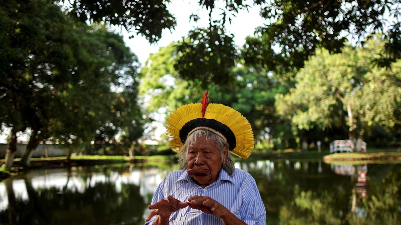 Brazil's indigenous chief Raoni Metuktire attends an interview with Reuters, in Belem