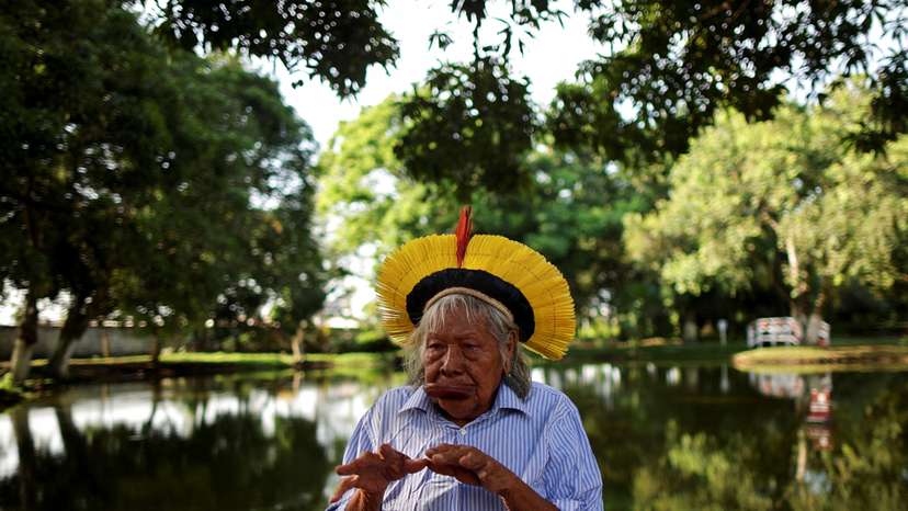 Brazil's indigenous chief Raoni Metuktire attends an interview with Reuters, in Belem