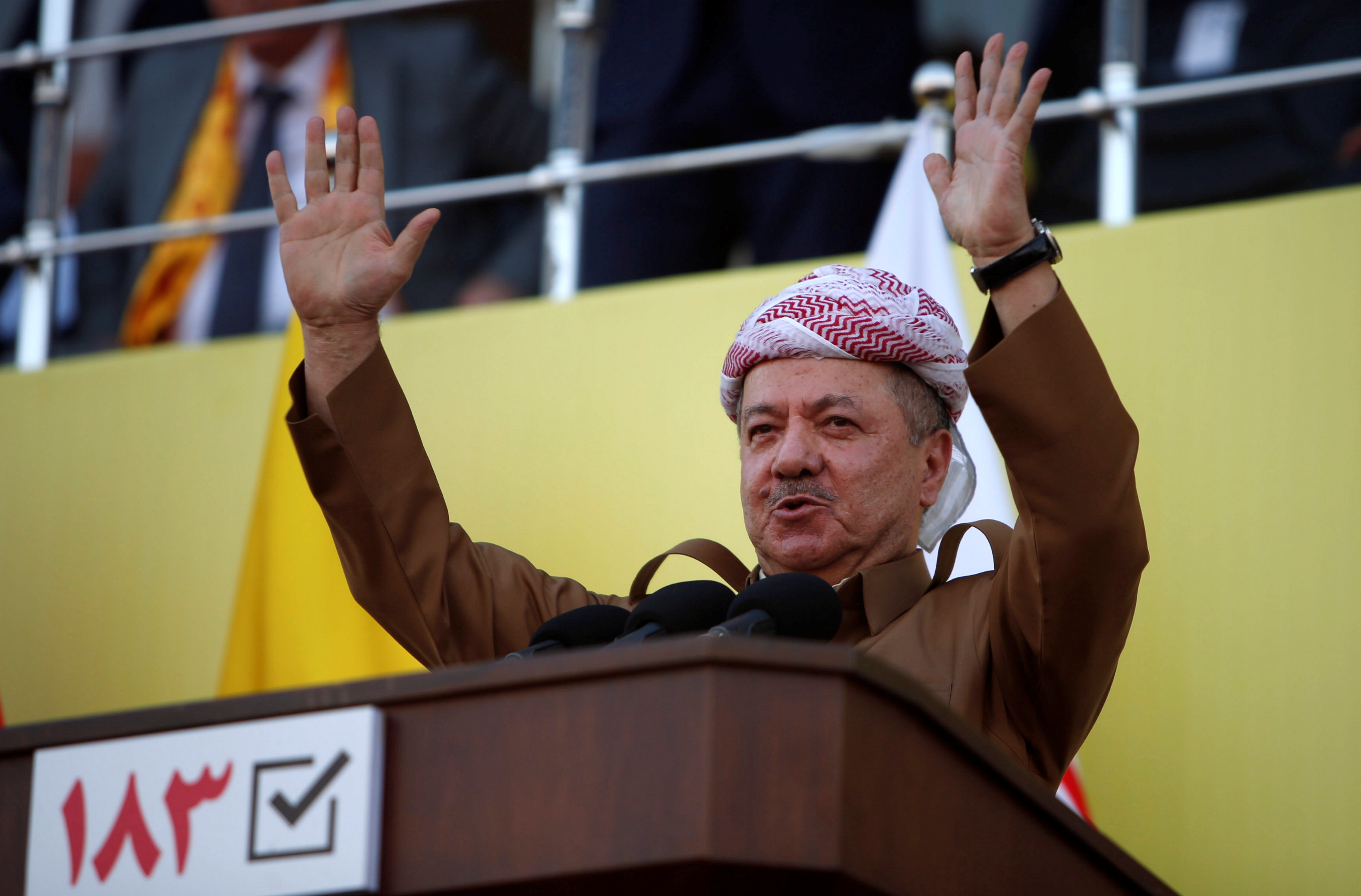 Former Iraqi Kurdistan region's President Masoud Barzani speaks to his supporters ahead of regional elections in Erbil